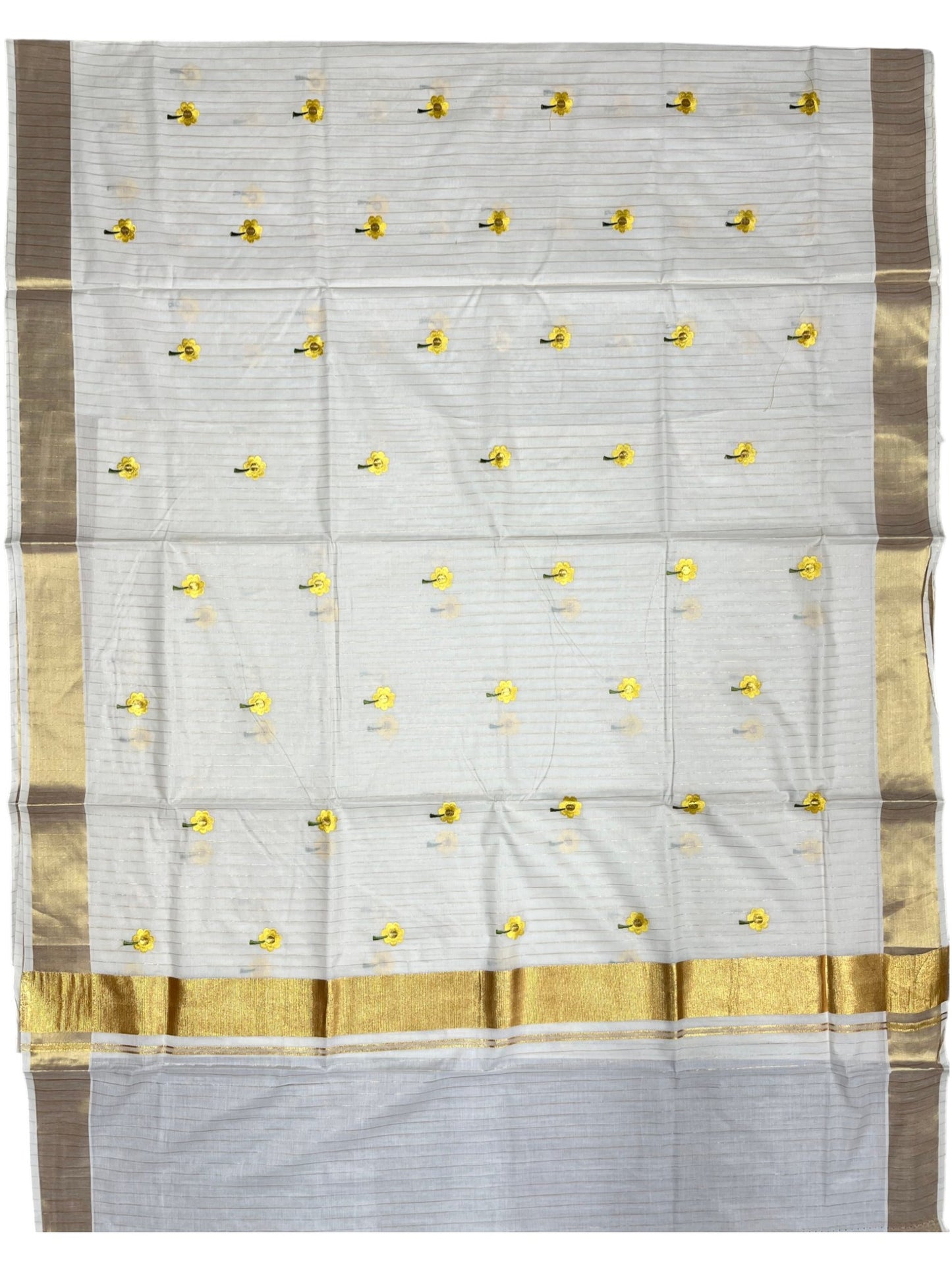 Southloom Cotton Kerala Kasavu Lines Saree with Yellow Floral Embroidery Work on Body