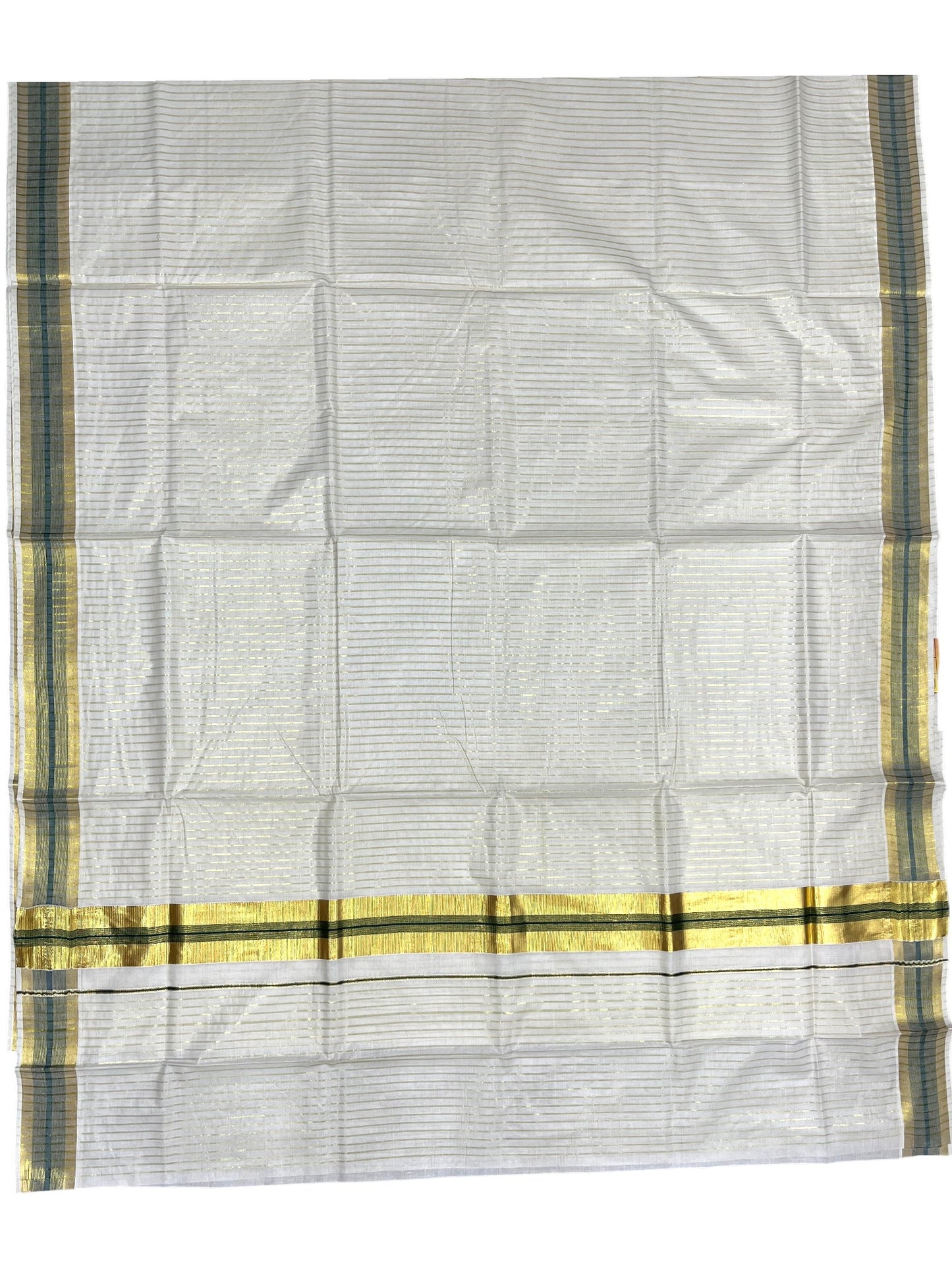 Southloom Pure Cotton Kerala Kasavu Lines Design Saree with Dark Green Border