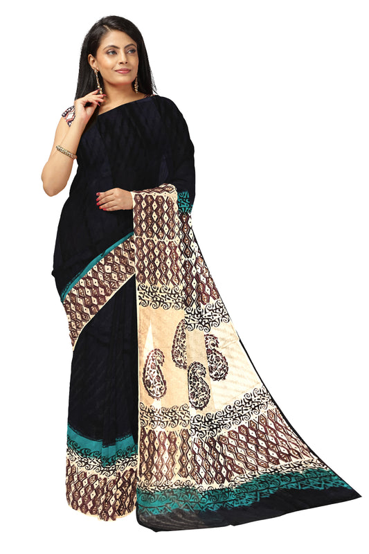 Southloom Black Crepe Fabric Saree with Brown Printed Blouse Piece