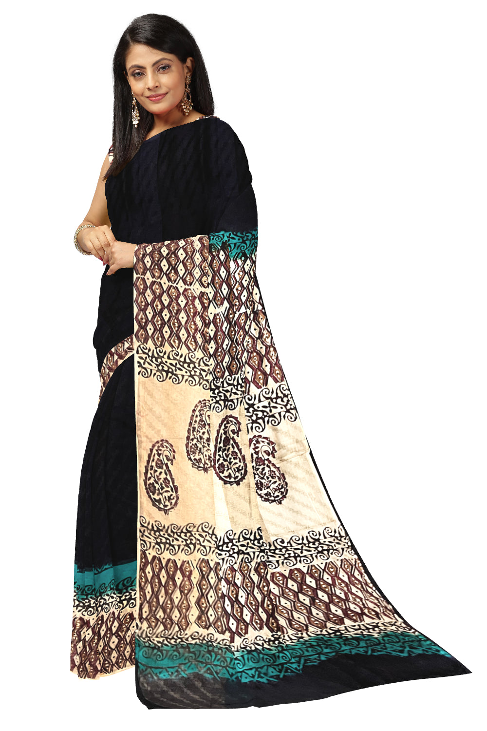 Southloom Black Crepe Fabric Saree with Brown Printed Blouse Piece