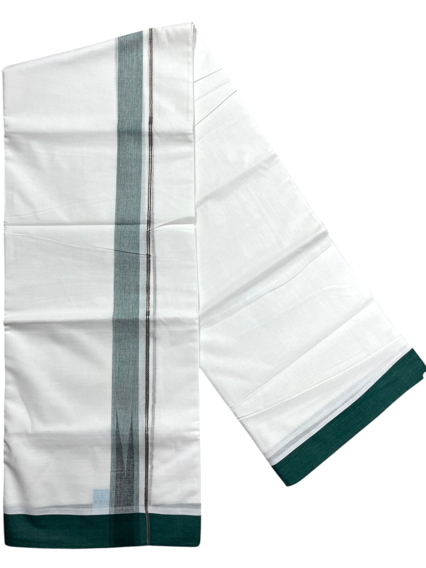 Southloom Pure White Cotton Mundu with Green Border (South Indian Kerala Dhoti)