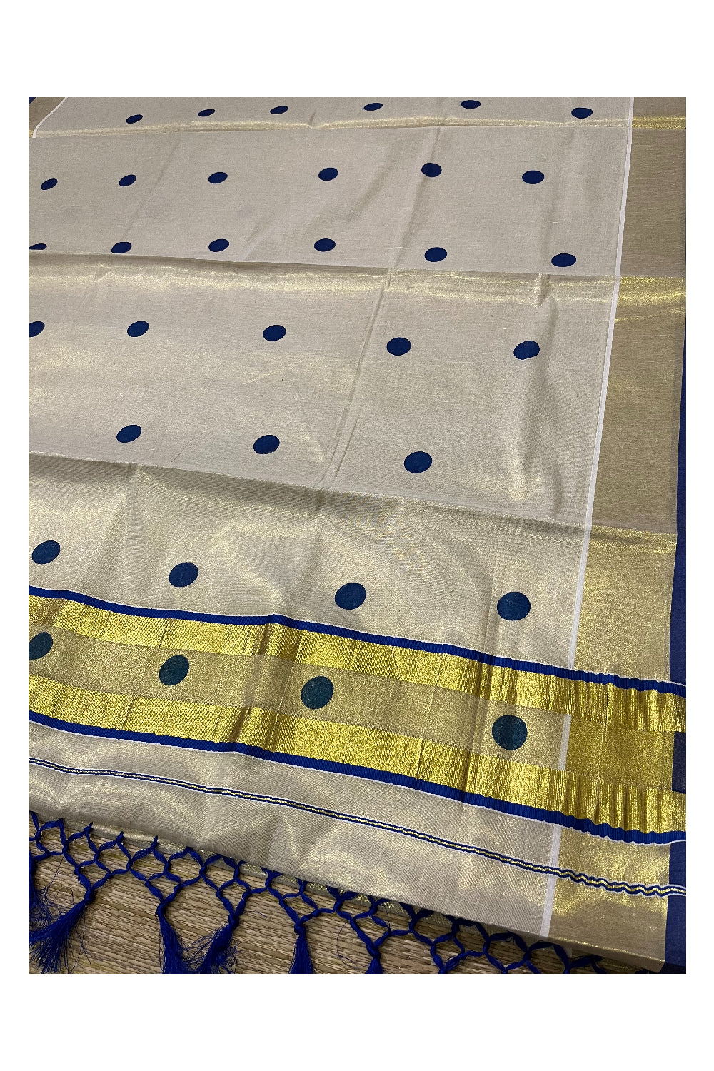 Kerala Tissue Kasavu Saree with Blue Polka Block Prints on Body and Tassels Works