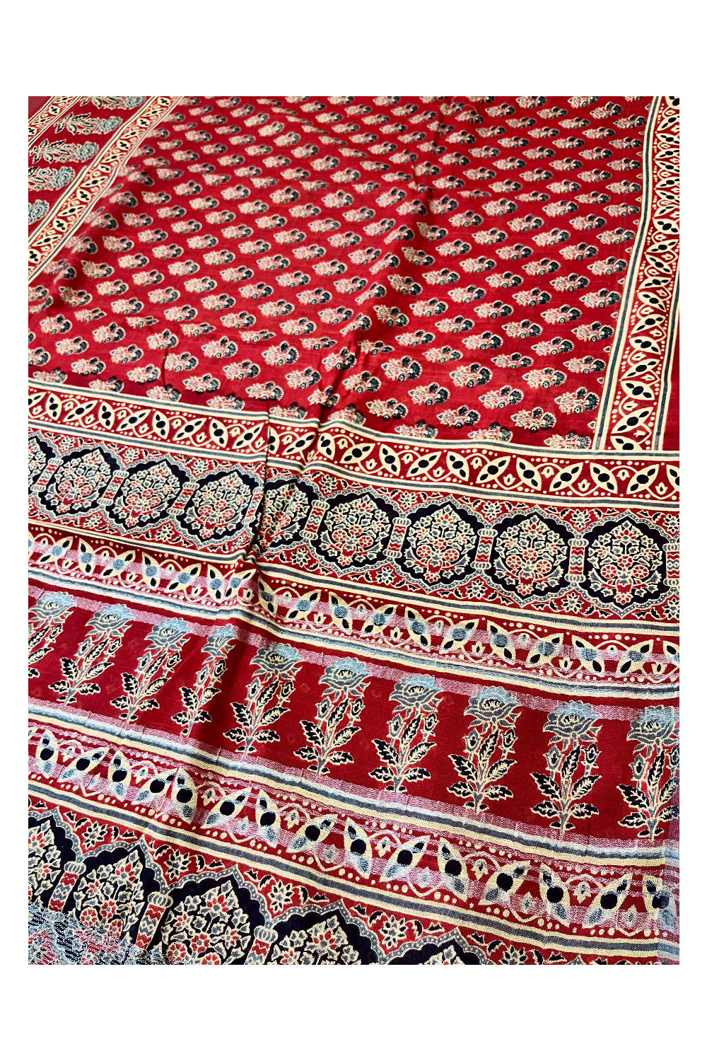 Southloom Linen Red Designer Saree with Floral Prints on Body