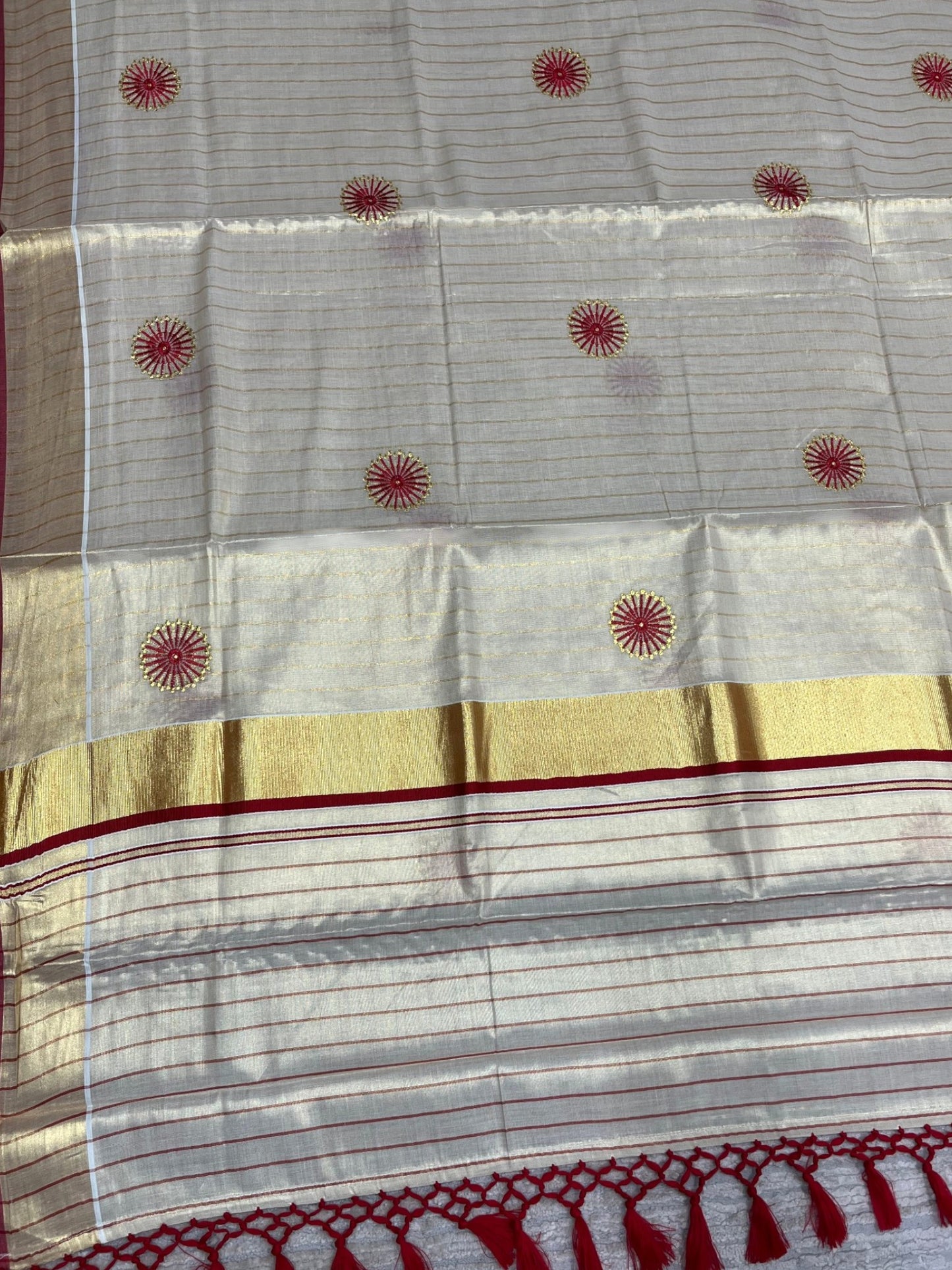Southloom Kerala Tissue Kasavu Lines Saree with Embroidery Work on Body in Red