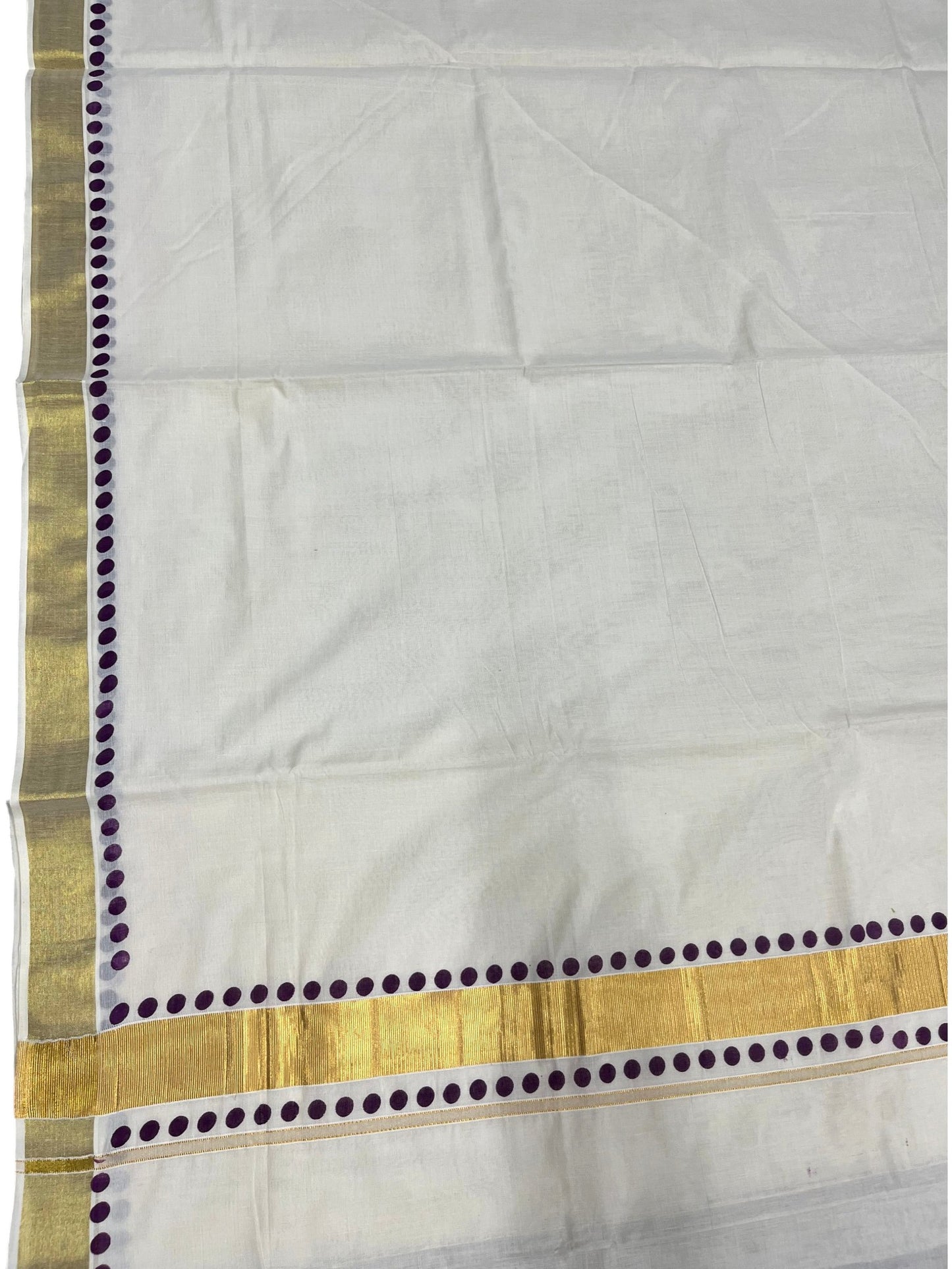 Southloom Cotton Kerala Kasavu Saree with Purple Polk Dots Design Border