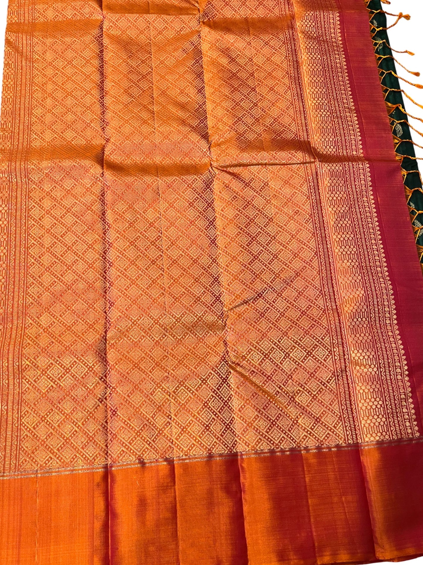 Southloom Pure Handloom Bridal Kanchipuram Silk Saree with Korvai Work (Orange & Green)