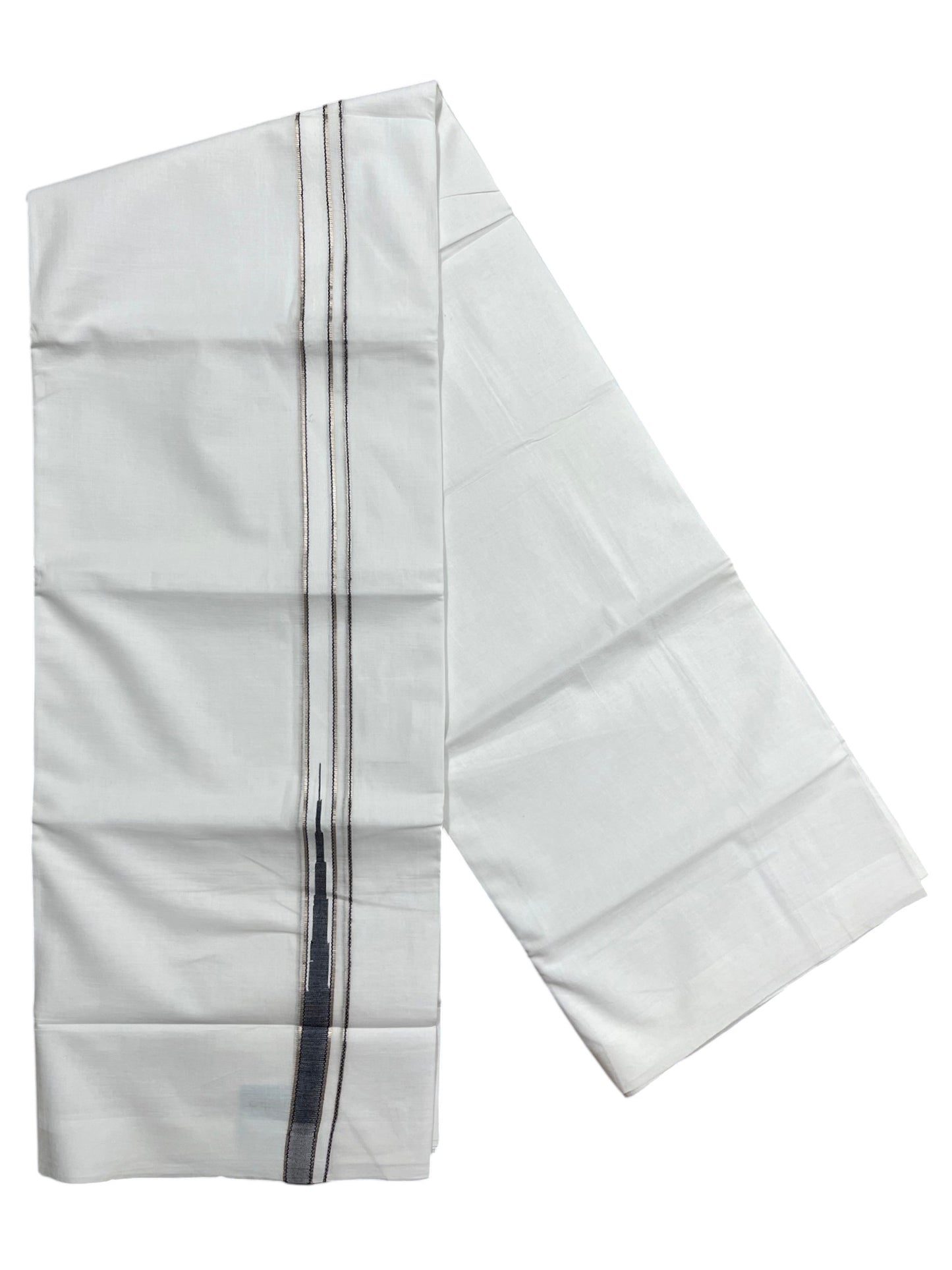 Southloom Pure White Cotton Double Mundu with Silver and Blue Chutti Kara (South Indian Dhoti)