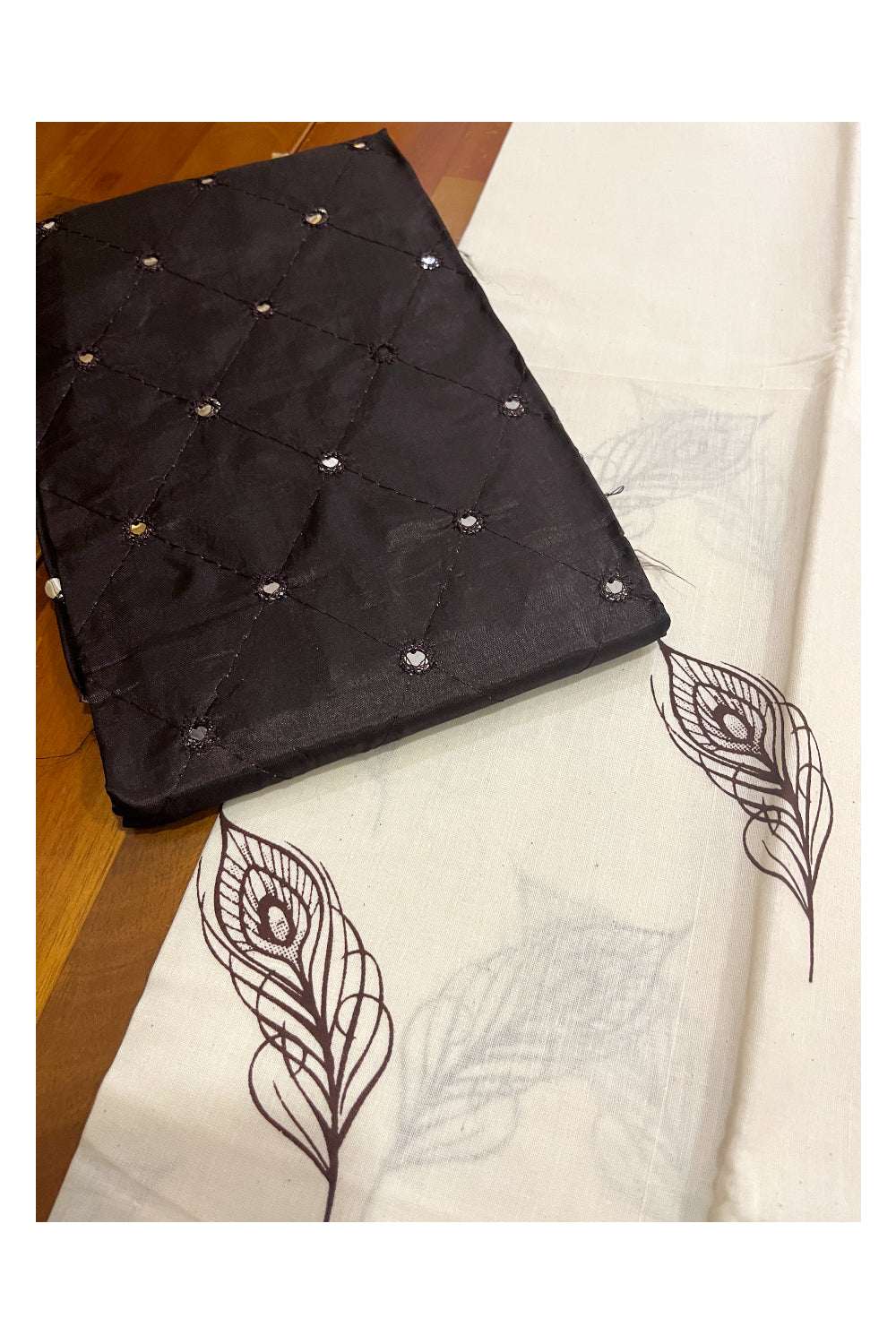 Kerala Cotton Block Printed Pavada and Dark Brown Designer Blouse Material for Kids/Girls 4.3 Meters
