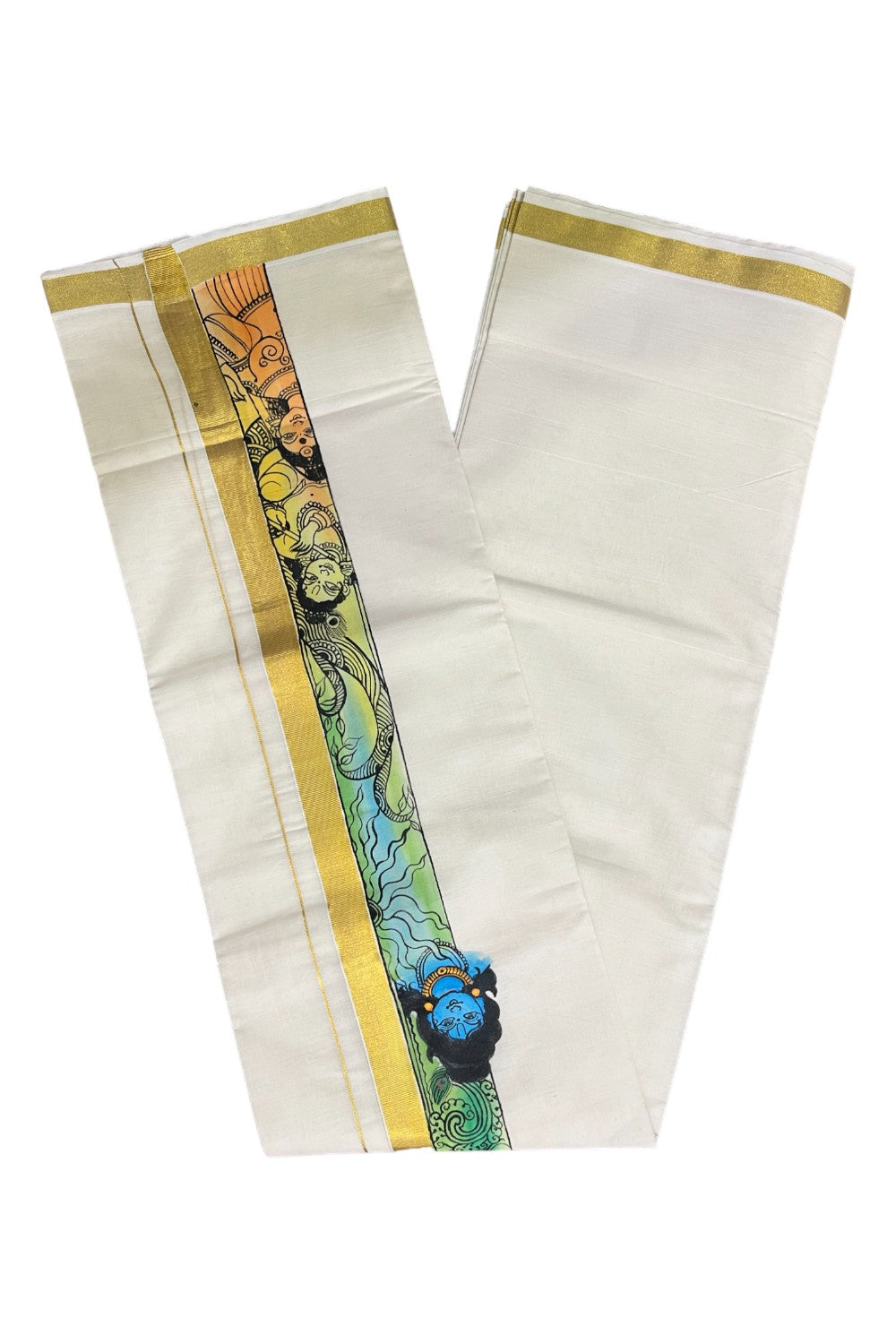 Kerala Pure Cotton Double Mundu with Krishna Mural Hand Painted Design on Kasavu Border (South Indian Kerala Dhoti)