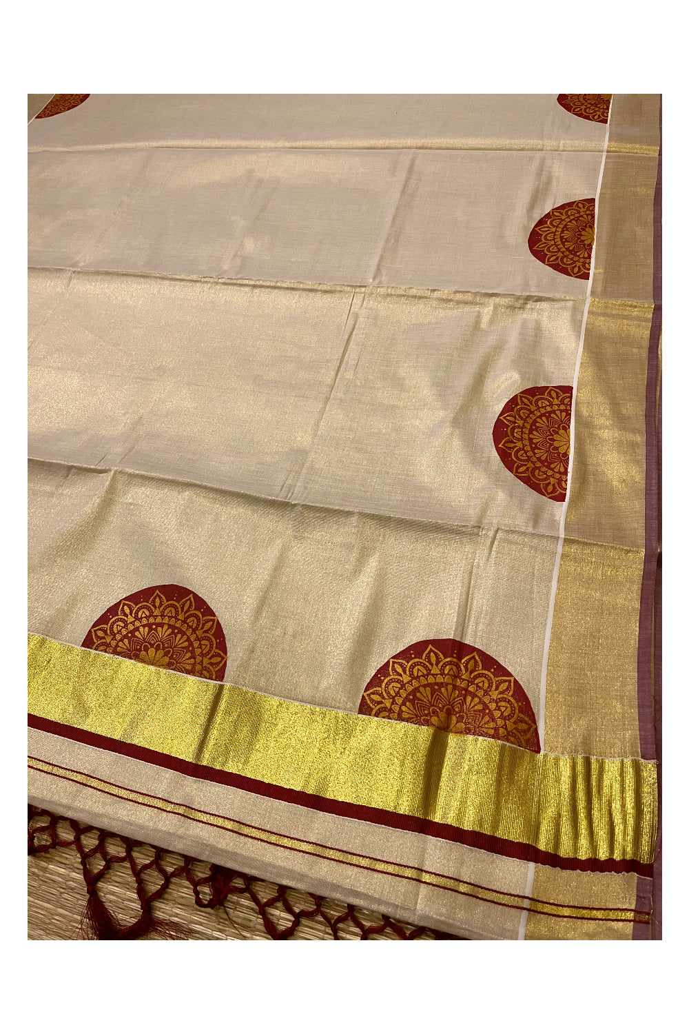 Kerala Tissue Kasavu Saree with Brown Block Prints and Kasavu Maroon Border