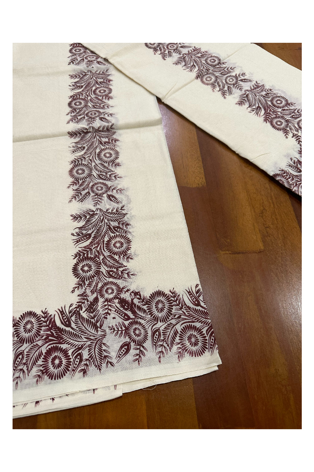 Kerala Cotton Set Mundu (Mundum Neriyathum) with Brown Floral Block Printed Border (Onam Set Mundu 2023)