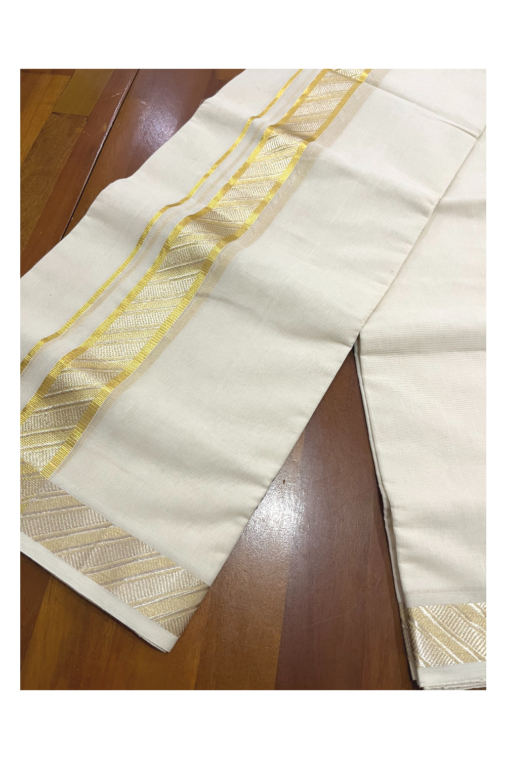 Southloom Premium Balaramapuram Wedding Handloom Mundu with Golden and Silver Kasavu Woven Design Border (South Indian Kerala Dhoti)