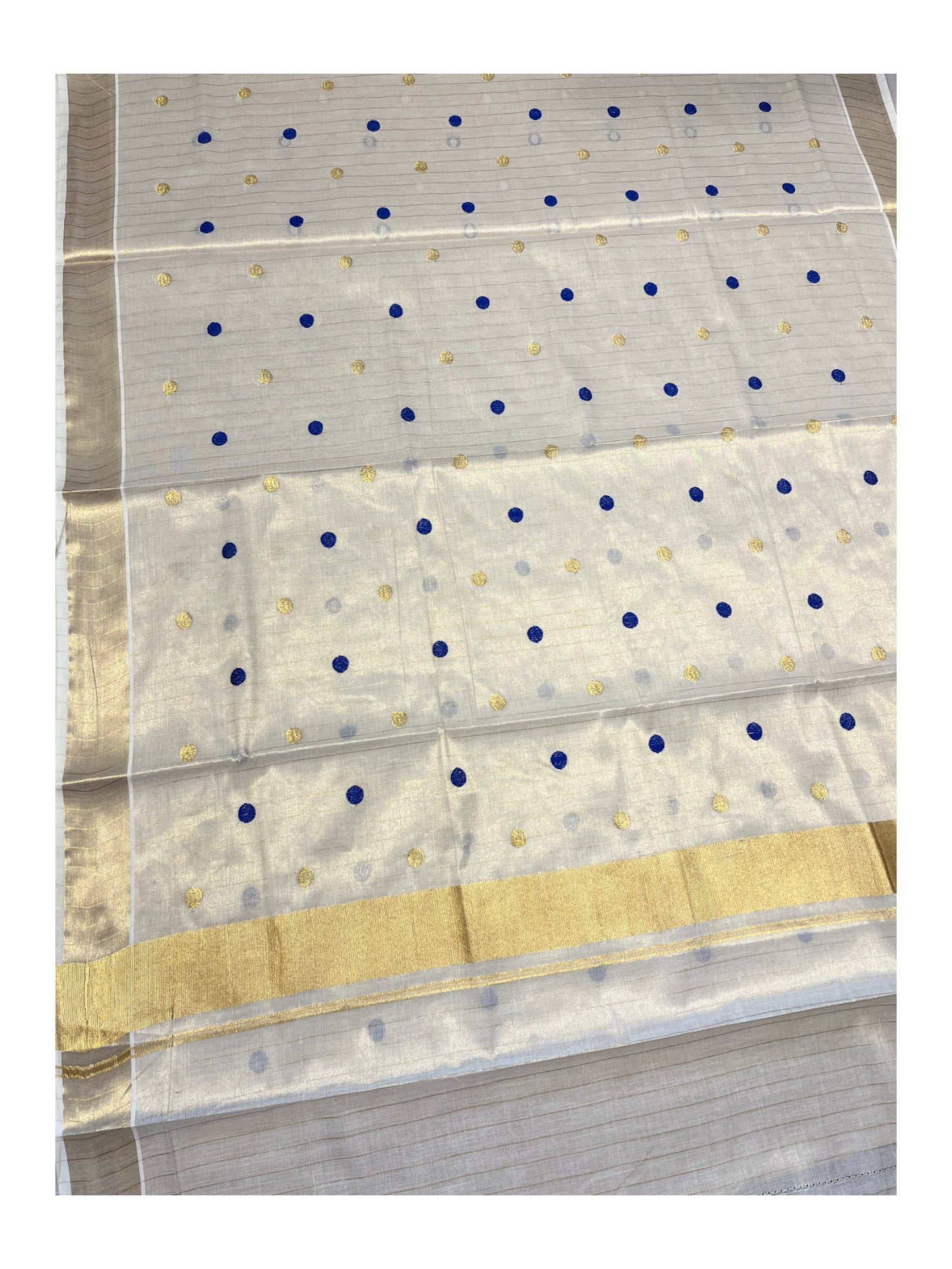 Southloom Kerala Tissue Kasavu Saree with Gold& Blue Polka Embroidery Works on Body