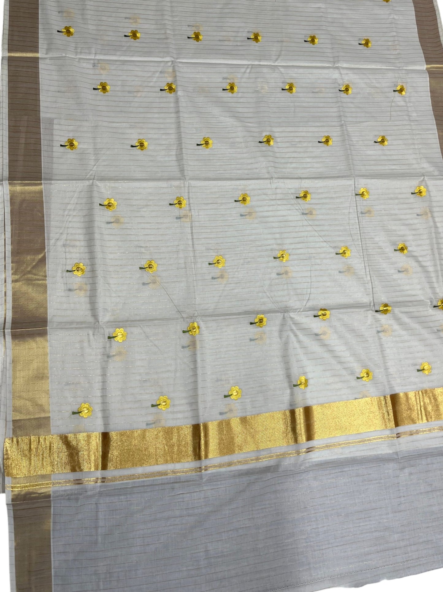 Southloom Cotton Kerala Kasavu Lines Saree with Yellow Floral Embroidery Work on Body