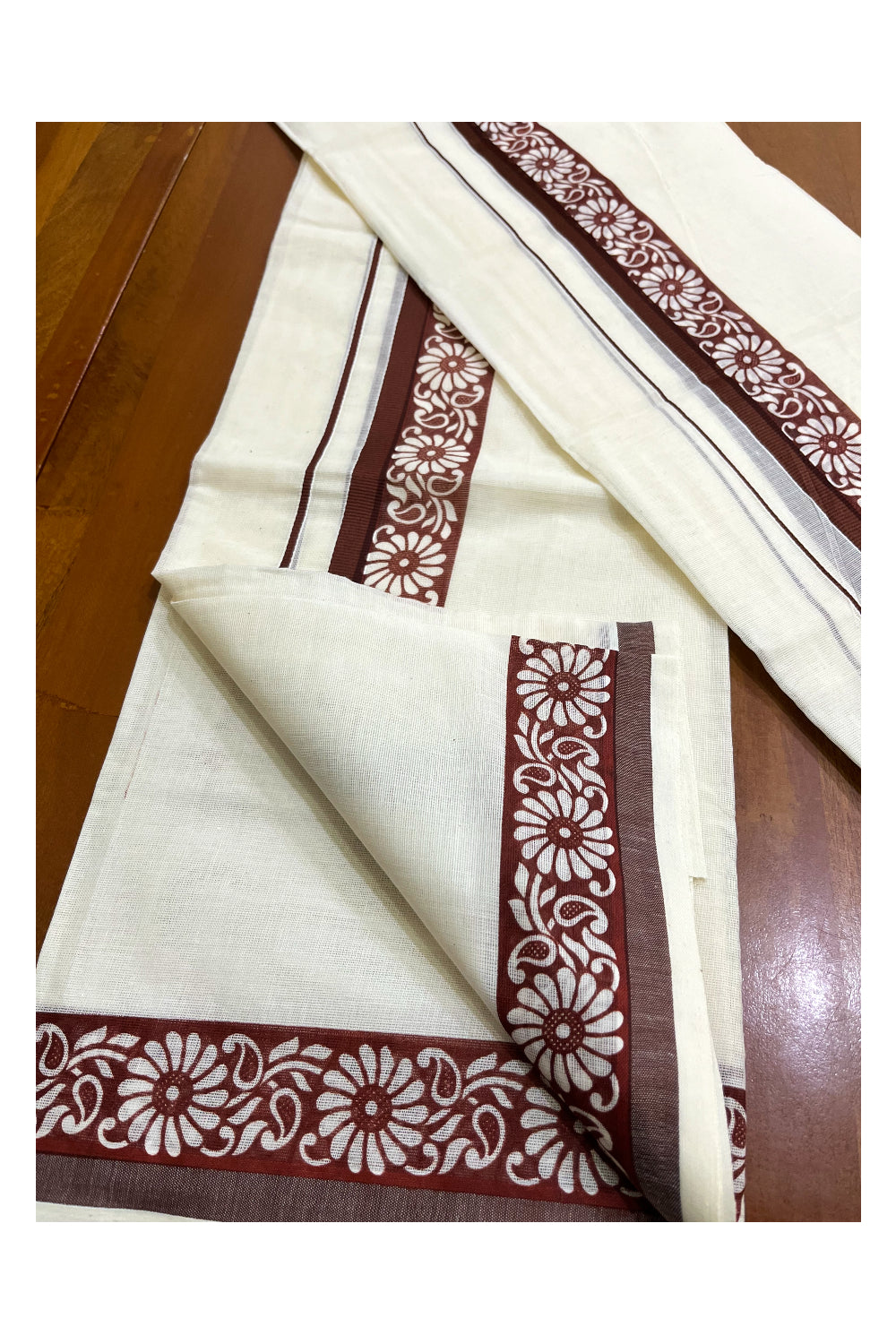 Kerala Cotton Kasavu Single Set Mundu (Mundum Neriyathum) with Brown Kara and  Block prints (Onam 2024 Collection)