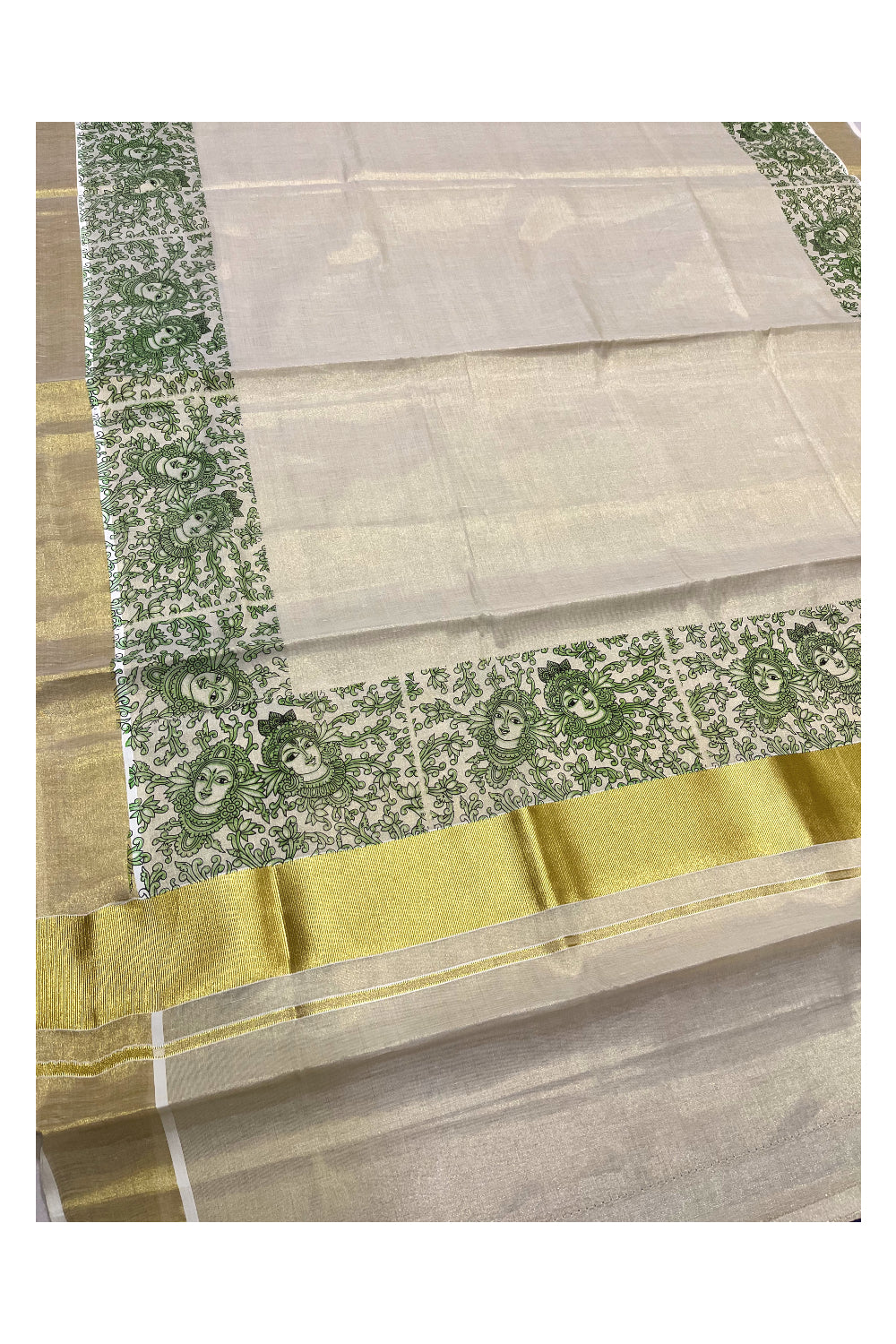 Kerala Tissue Kasavu Saree with Light Green Krishna Radha Floral Prints on Border And Pallu. (Vishu 2024 Collection)