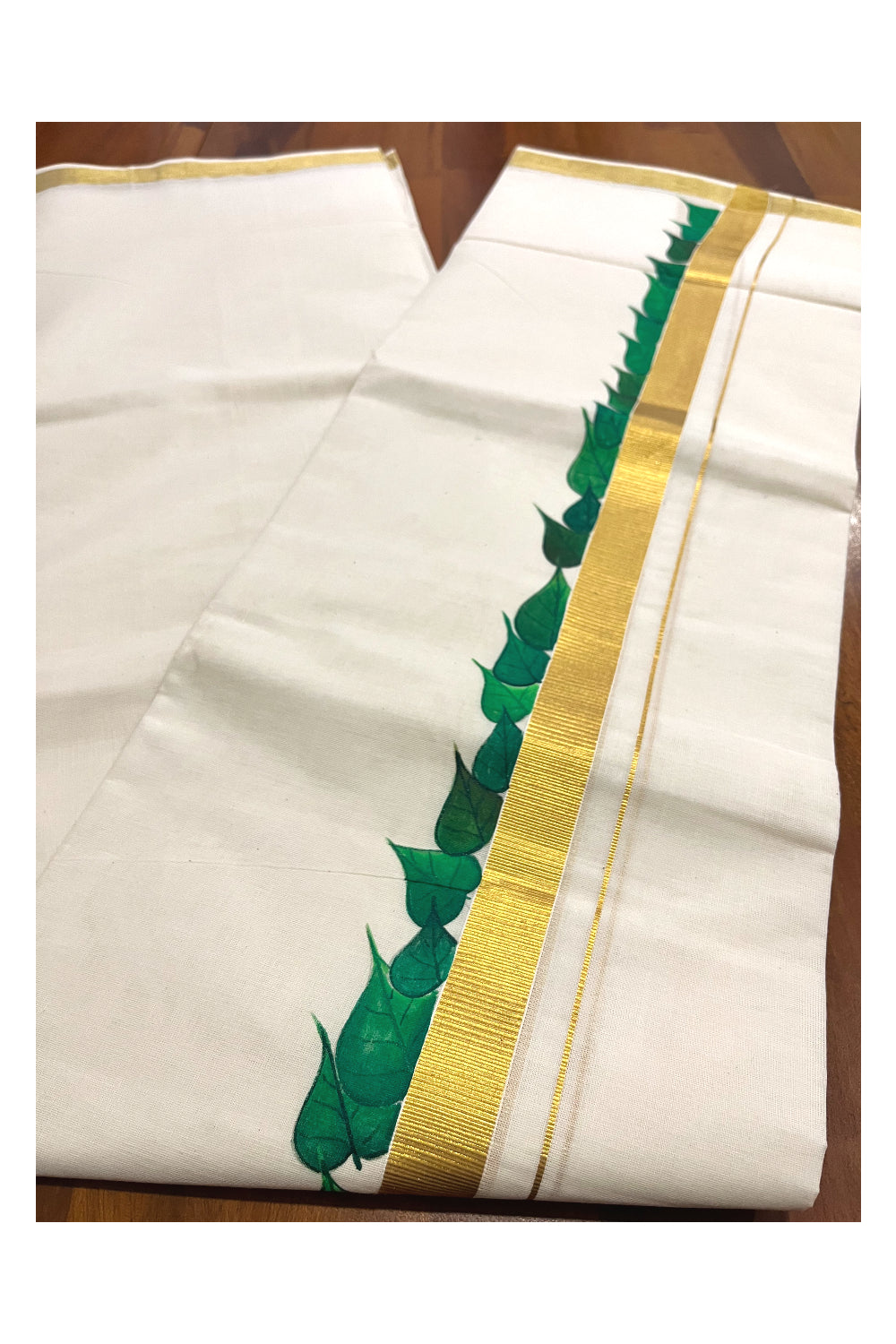 Kerala Pure Cotton Double Mundu with Leaf Mural Painted Design on Kasavu Border (South Indian Kerala Dhoti)