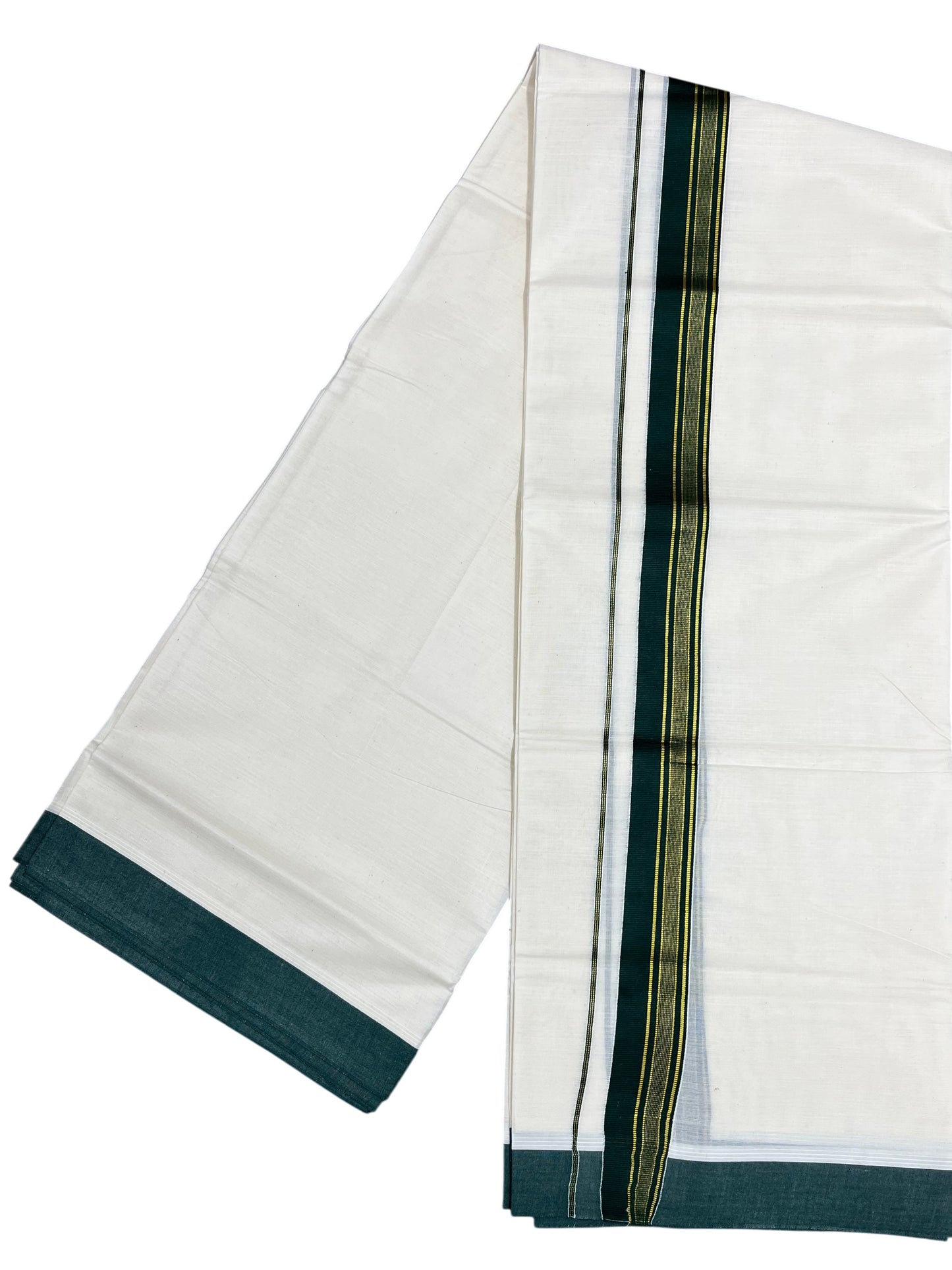 Southloom Pure Cotton Mundu with Green & Gold Kasavu Border (South Indian Kerala Dhoti)