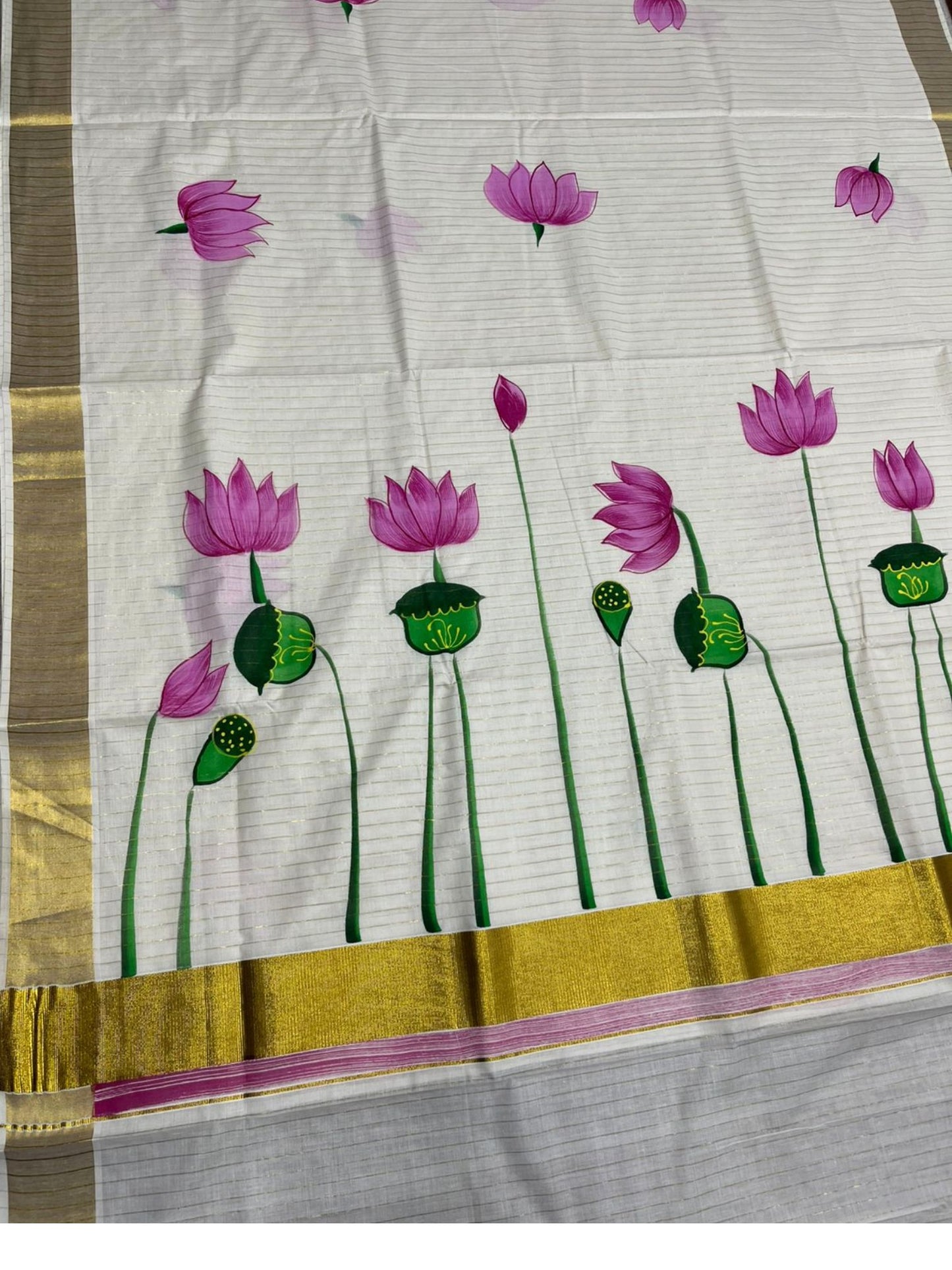 Southloom Cotton Kerala Kasavu Saree with Hand Painted Lotus Design