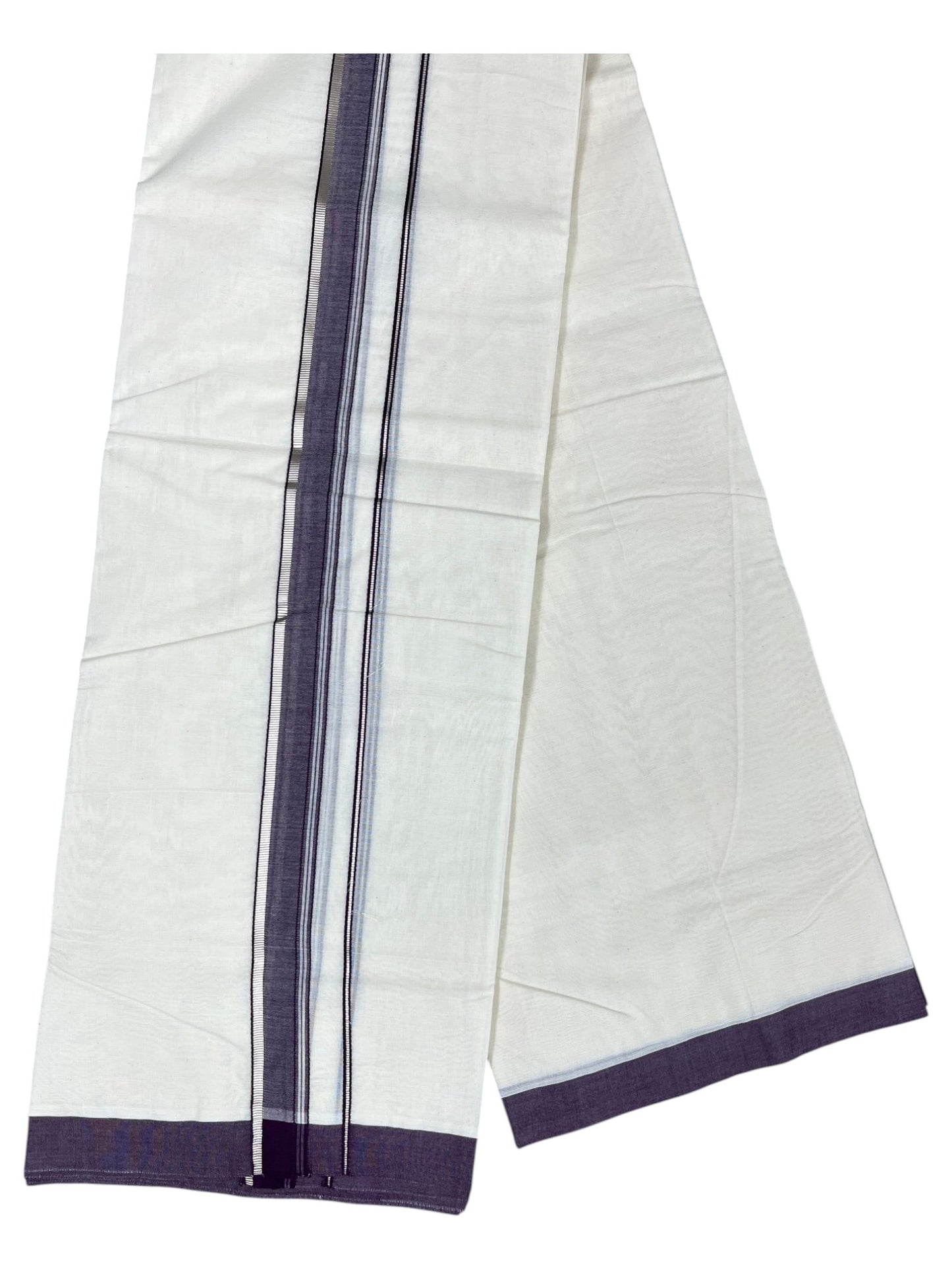 Southloom Pure Cotton Mundu with Silver Lines and Purple Border (South Indian Kerala Dhoti)