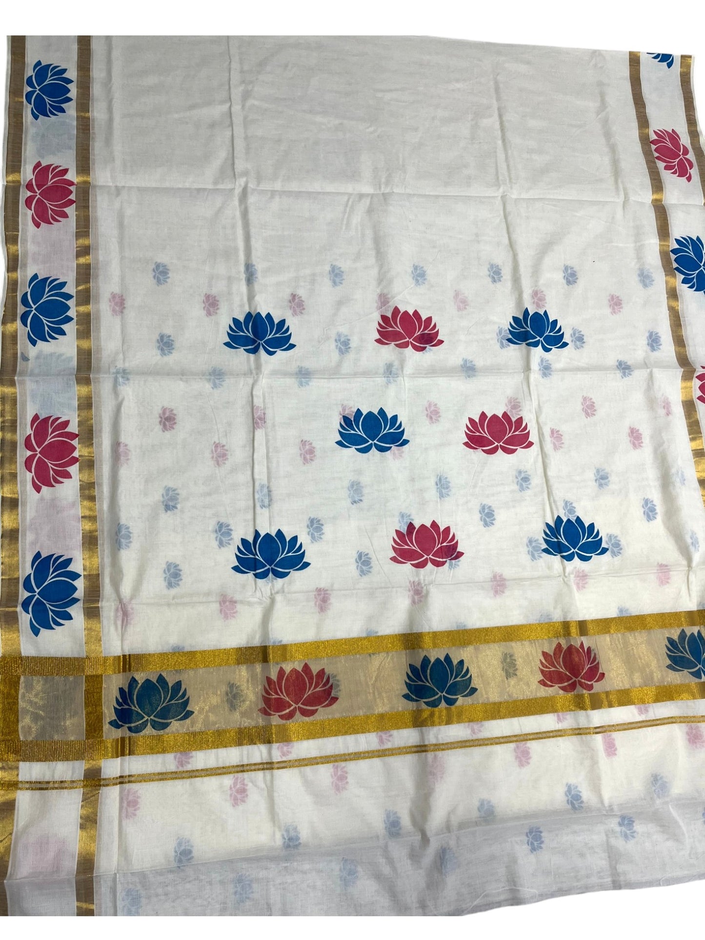 Southloom Cotton Kerala Kasavu Saree with Lotus Block Prints on Body and Border in Blue and pink