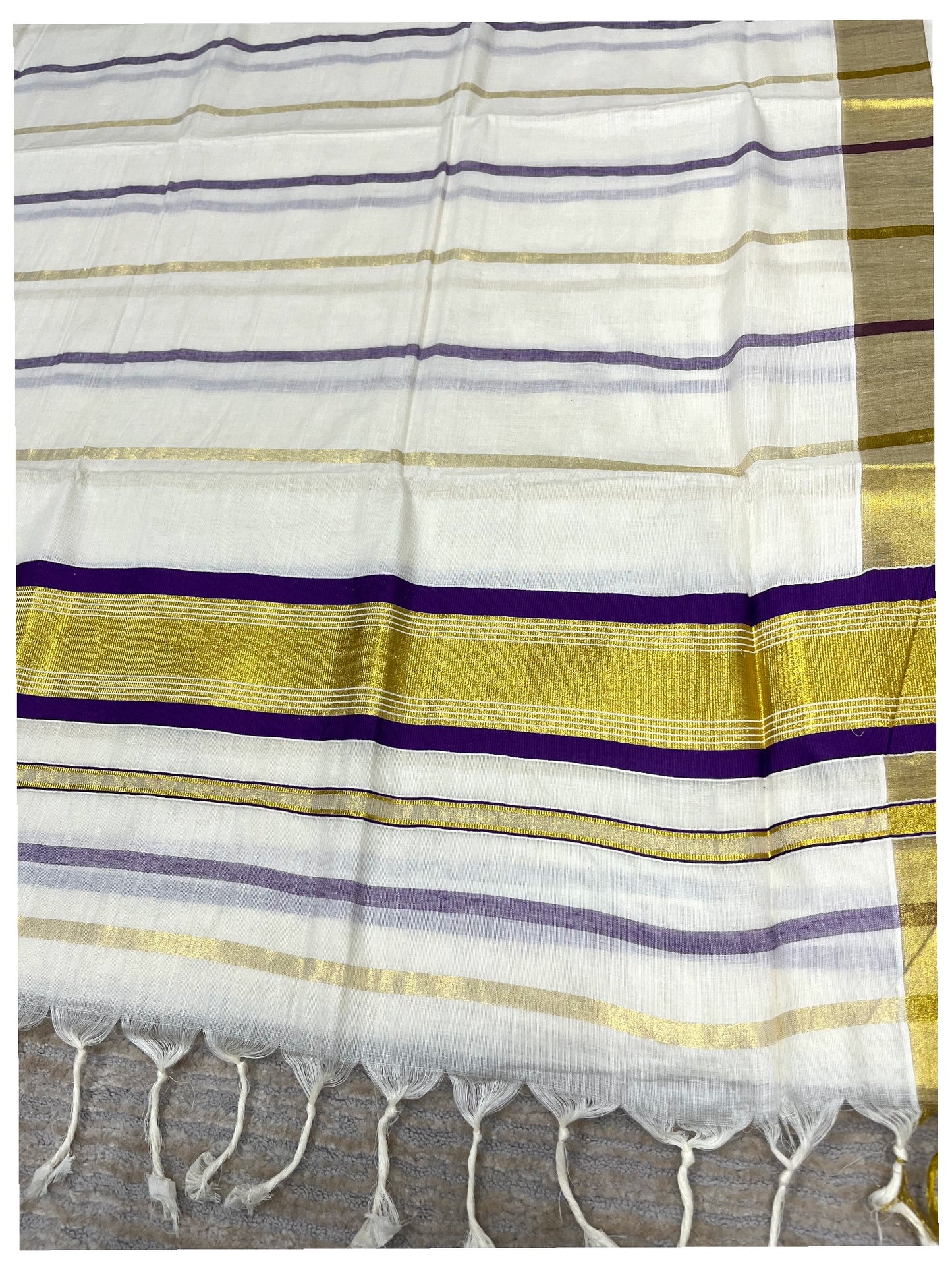Southloom Kerala Cotton Kasavu Saree with Gold And Violet Lines on Body