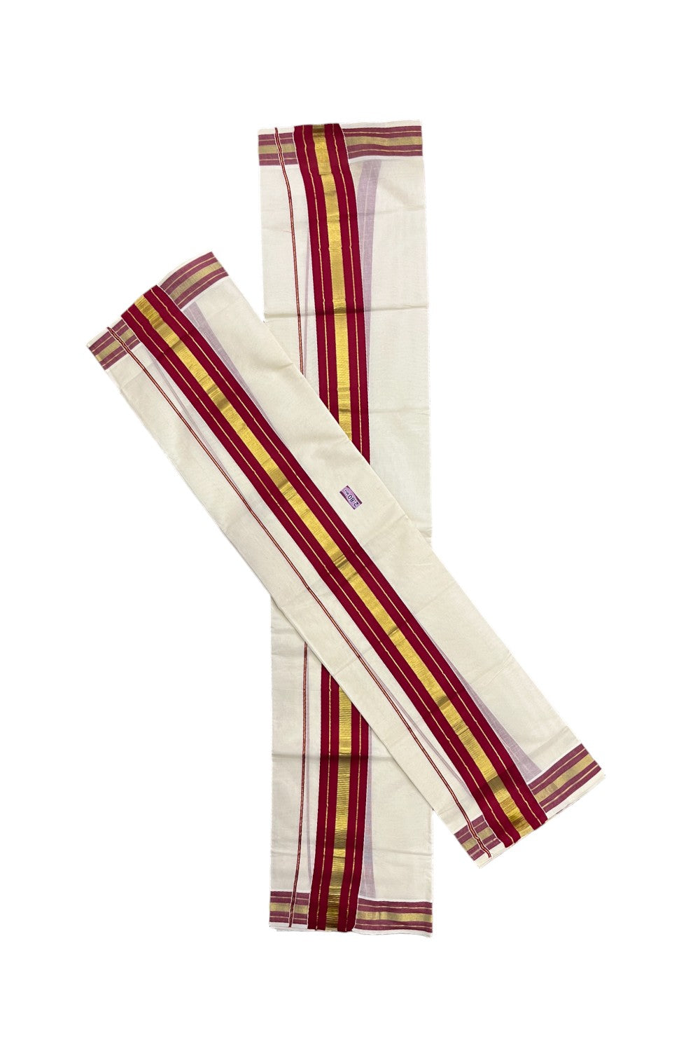 Kerala Cotton Set Mundu (Mundum Neriyathum) with Maroon and Kasavu Border 2.80 Mtrs