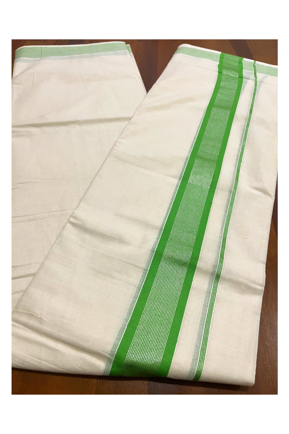 Pure Cotton Double Mundu with Light Green and Silver Kasavu Kara (South Indian Kerala Dhoti)