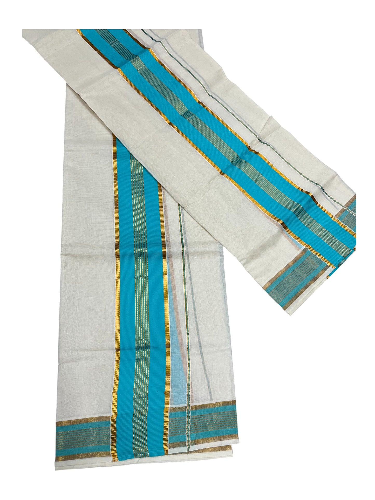Kerala Cotton Single Set Mundu (Mundum Neriyathum) with Blue Kasavu Border in 2.80 Mtrs
