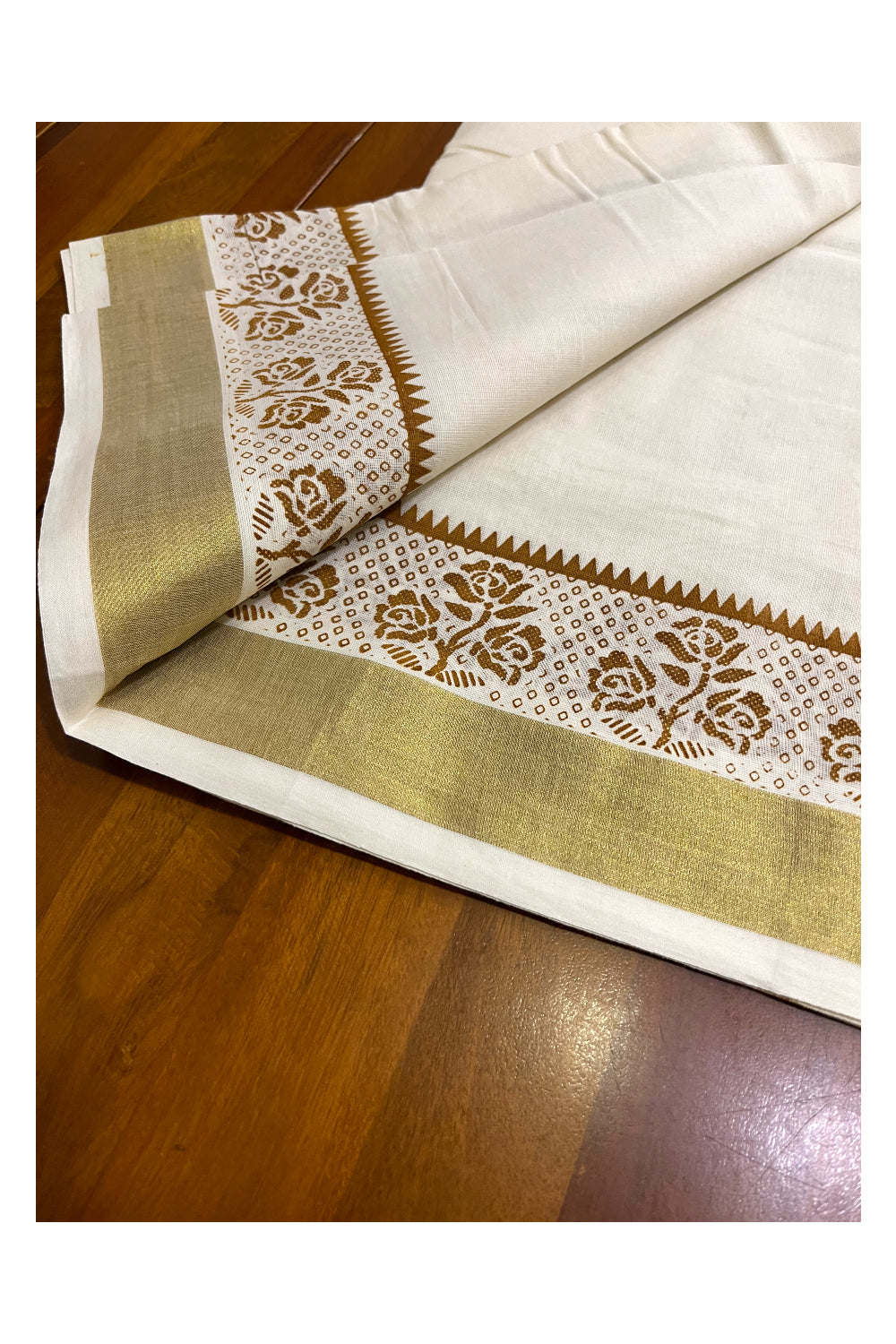 Kerala Cotton Single Set Mundu (Mundum Neriyathum) with Light Brown Block Prints and Kasavu Border - 2.80Mtrs