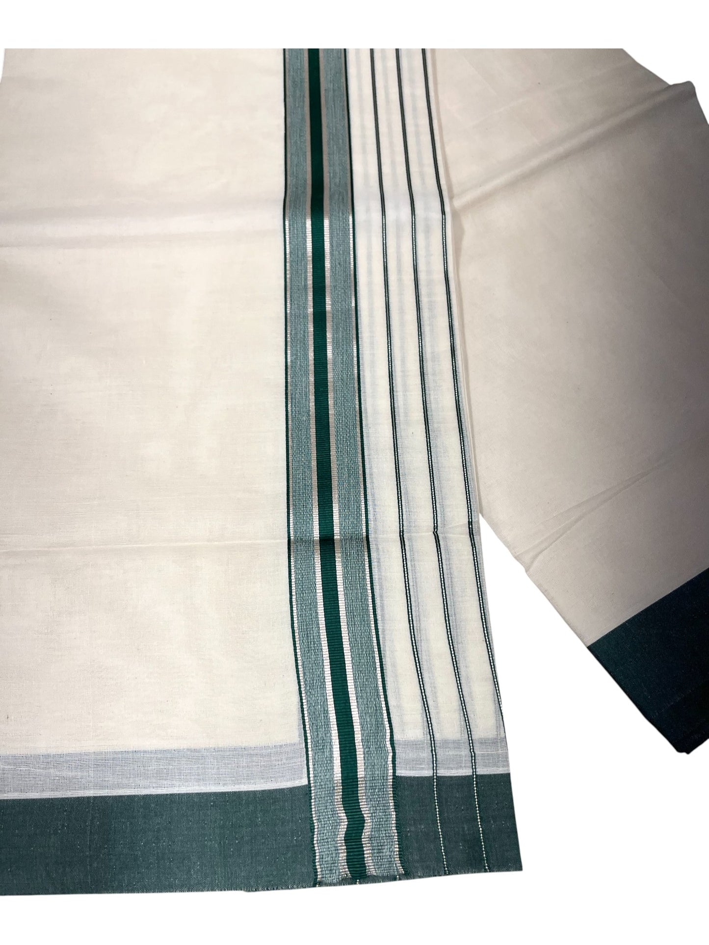 Southloom Kerala Pure Cotton Double Mundu with Green And Silver Lines Border (South Indian Dhoti)