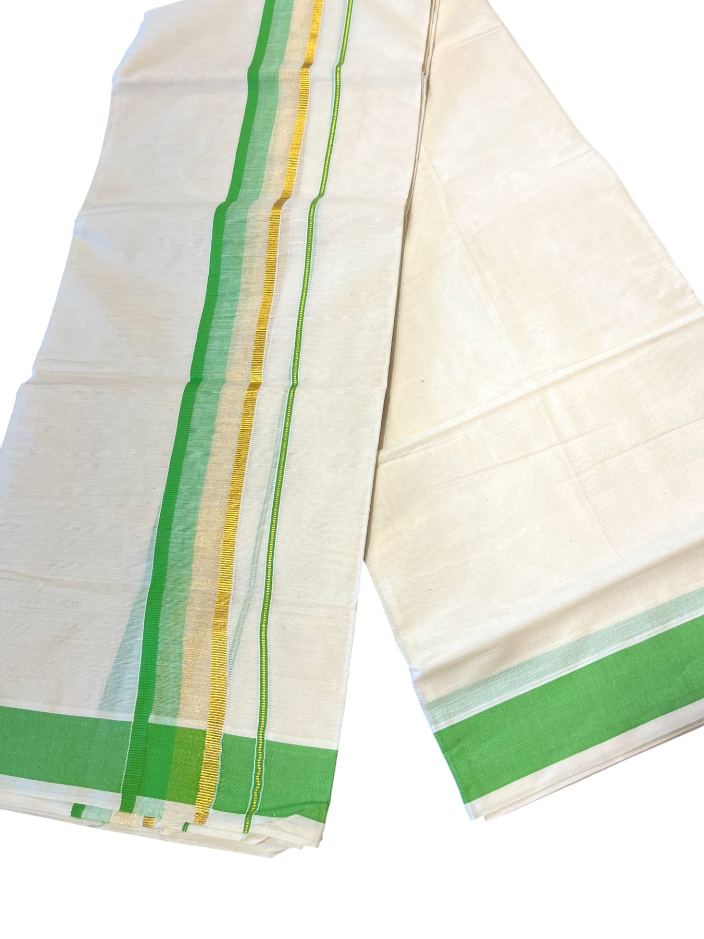 Southloom Kerala Pure Cotton Double Mundu with Gold Lines & Green Border (South Indian Dhoti)