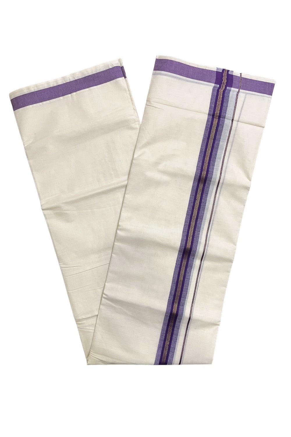 Kerala Pure Cotton Double Mundu with Kasavu and Violet Border (South Indian Kerala Dhoti)