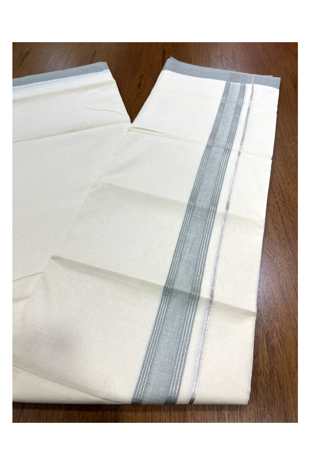 Pure Cotton Double Mundu with Silver Kasavu and Grey Border (South Indian Kerala Dhoti)