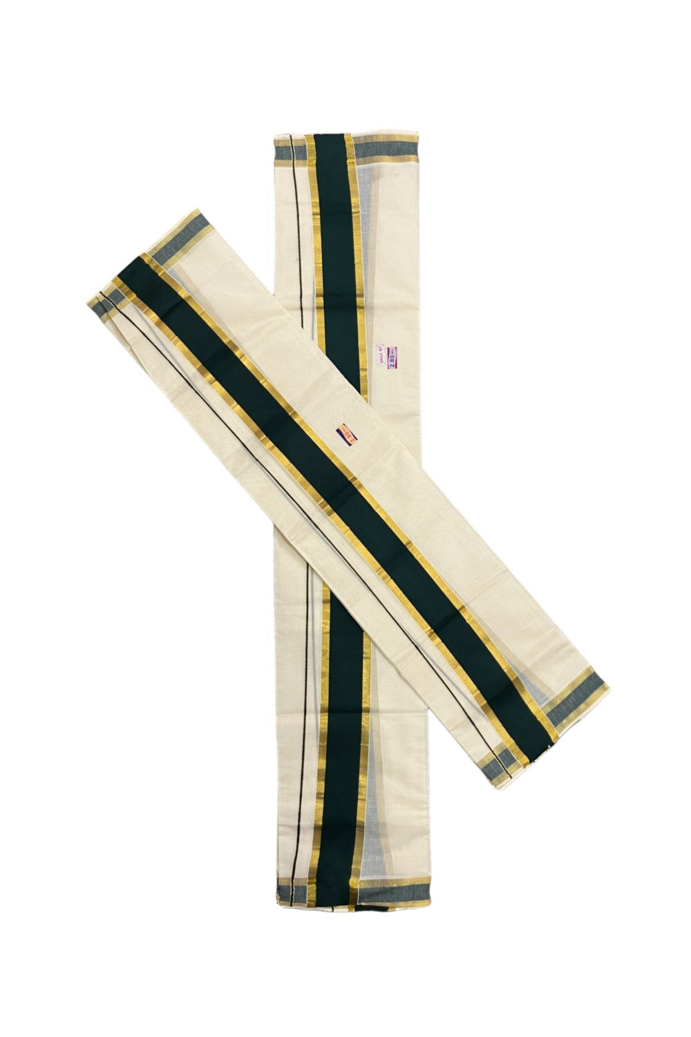 Kerala Cotton Set Mundu (Mundum Neriyathum) with Dark Green and Kasavu Border 2.80 Mtrs
