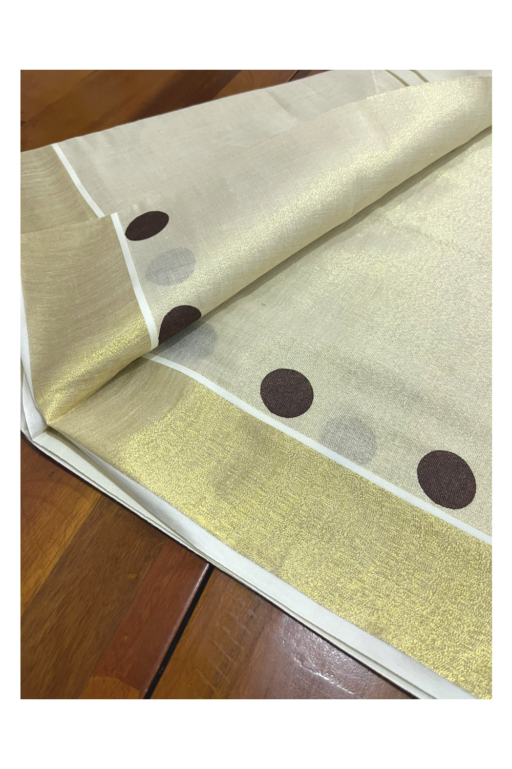 Kerala Tissue Kasavu Set Mundu (Mundum Neriyathum) with Brown Polka Designs 2.80 Mtrs