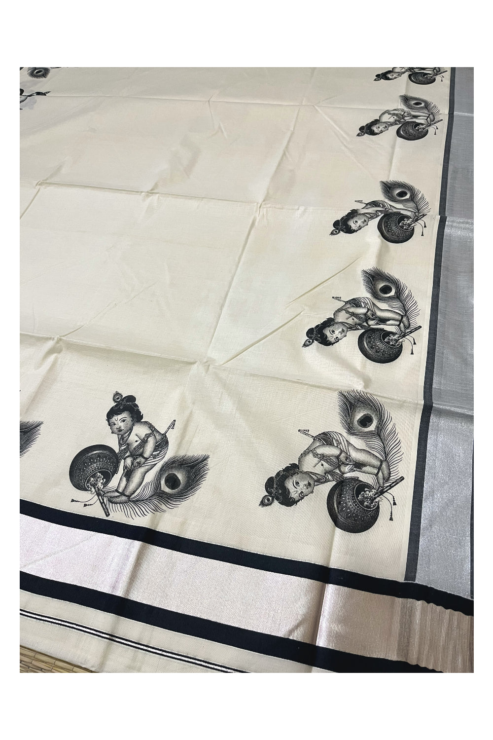 Pure Cotton Kerala Silver Kasavu Saree with Baby Krishna Mural Prints and Black Border (Onam Saree 2023)