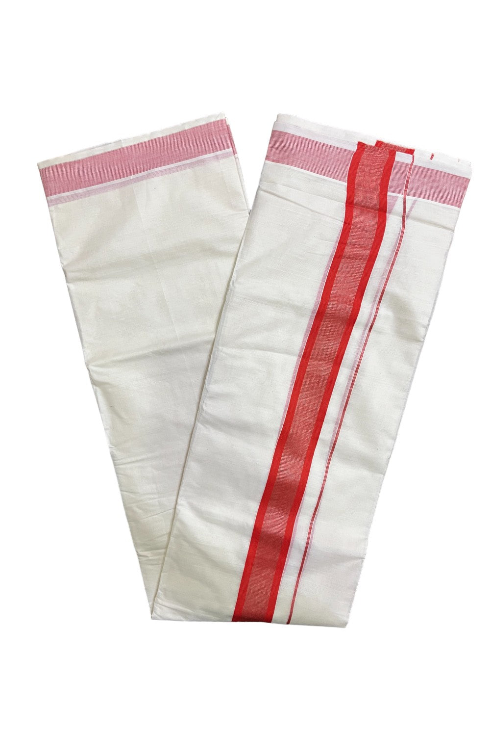 Kerala Pure Cotton Double Mundu with Orange and Silver Kasavu Border (South Indian Kerala Dhoti)