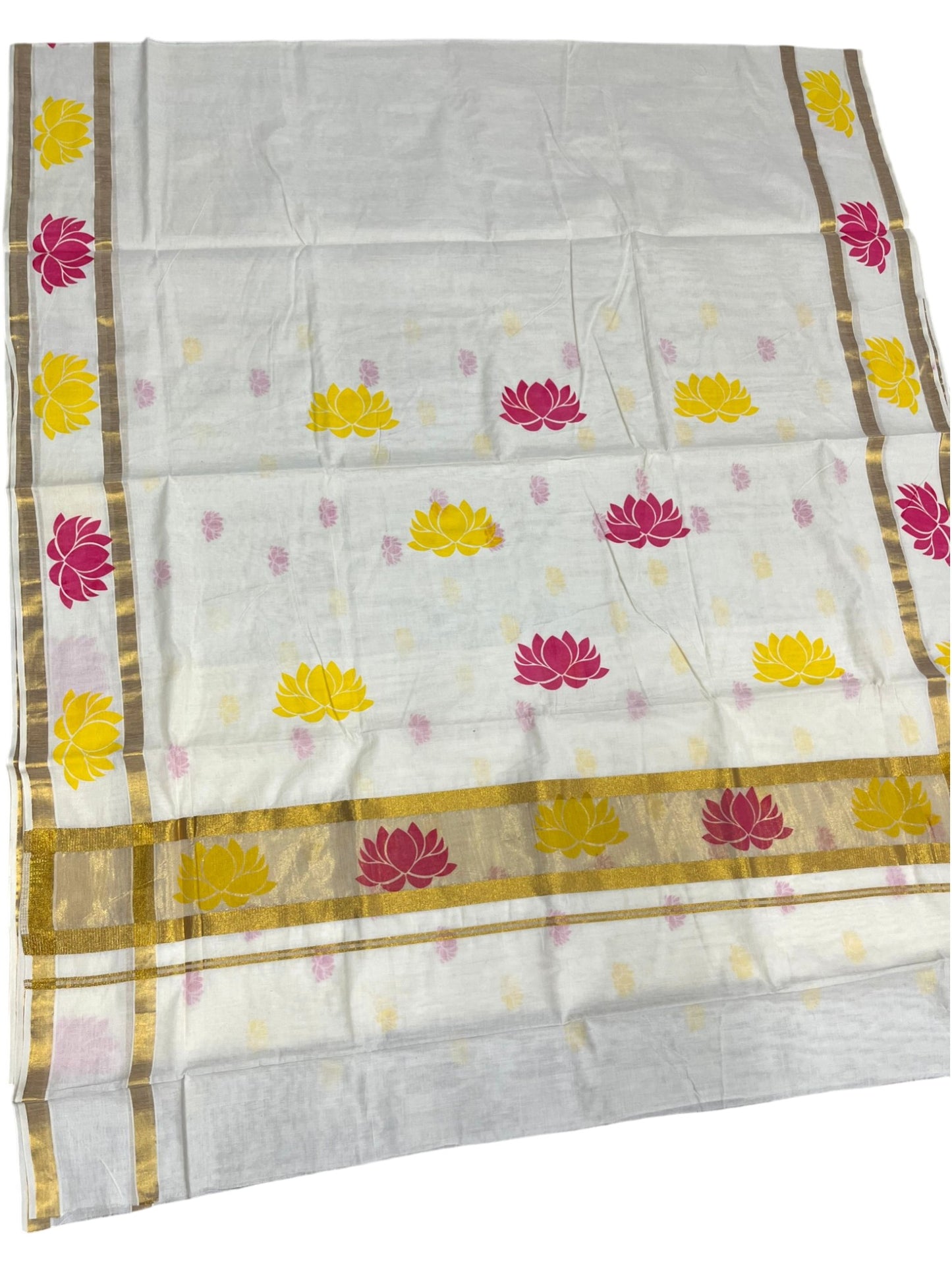 Southloom Cotton Kerala Kasavu Saree with Lotus Block Prints on Body and Border in Yellow and Pink