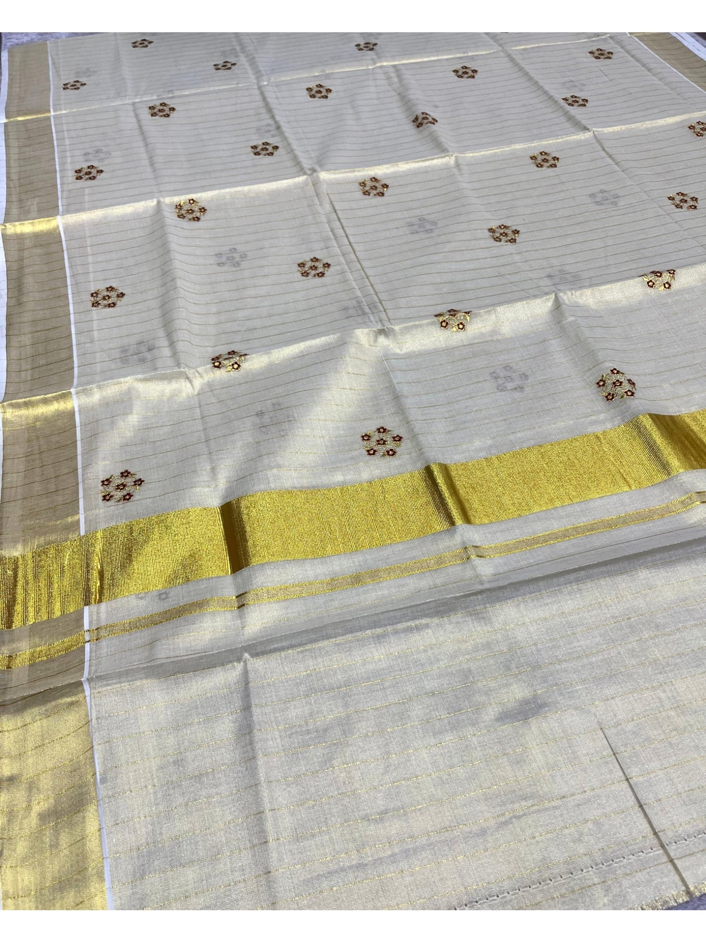 Southloom Kerala Tissue Kasavu Lines Saree with Maroon Floral Embroidery Design on Body