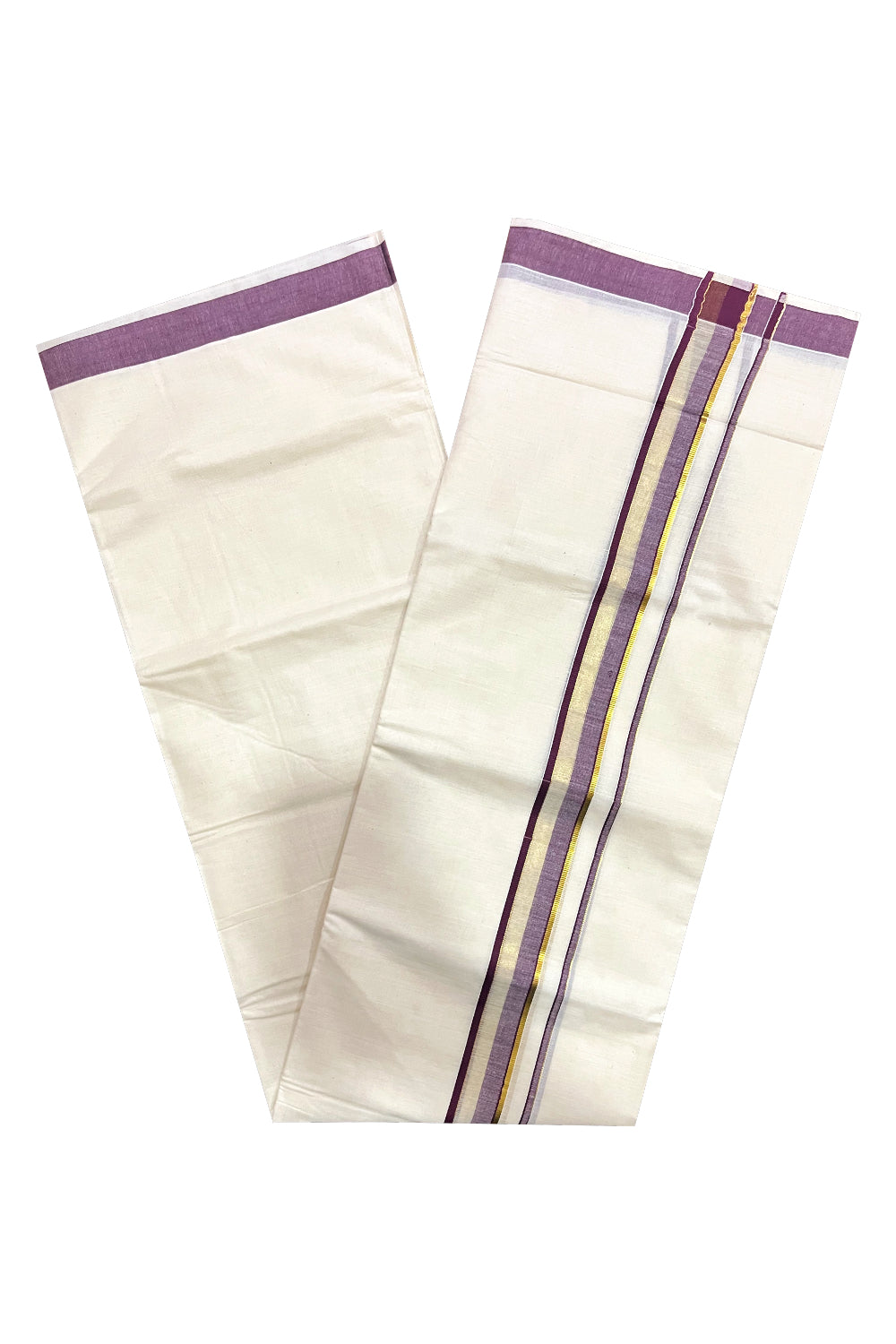 Kerala Pure Cotton Double Mundu with Purple and Kasavu Border (South Indian Kerala Dhoti)