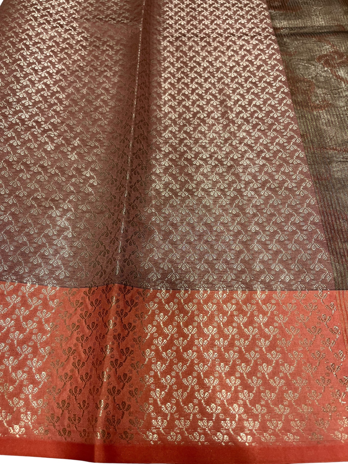 Southloom Tissue Silk Saree with Woven Work on Body and Borders (Peach & Grey)