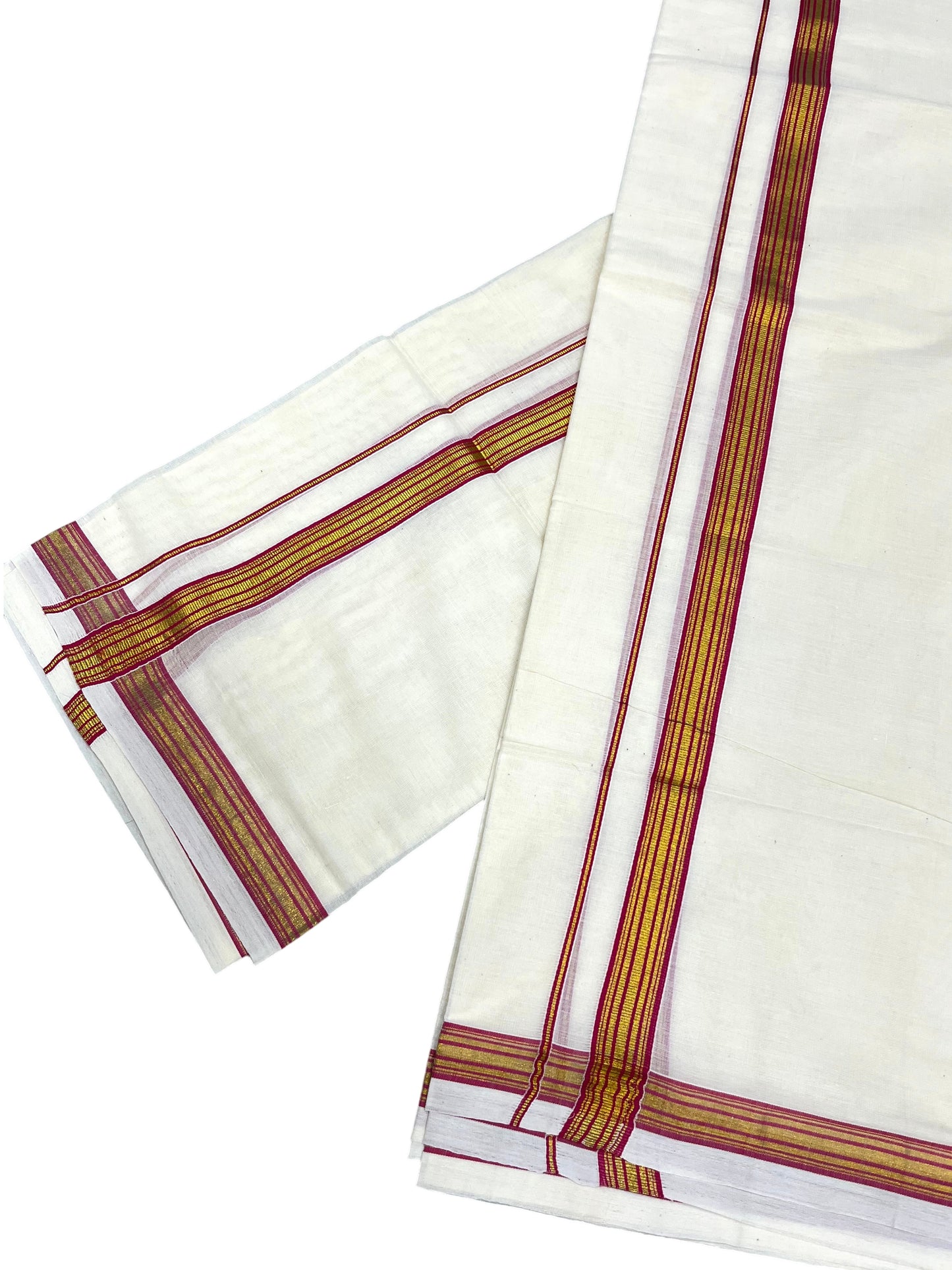Southloom Pure Cotton Kerala Single Set Mundu (Mundum Neriyathum) with Magenta Kasavu Border in 2.80 Mtrs