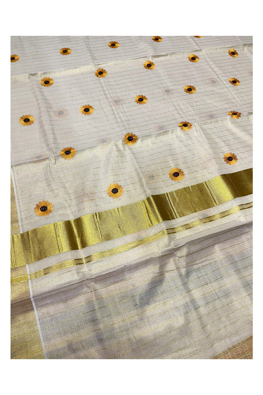Southloom Kerala Tissue Kasavu Lines Saree with Yellow Floral Embroidery Works on Body