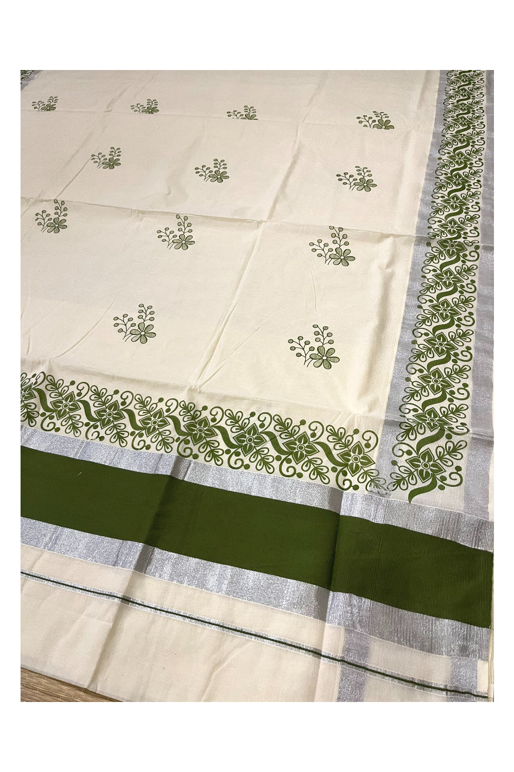 Pure Cotton Off White Kerala Saree with Green Floral Block Printed Silver Border (Onam Saree 2023)