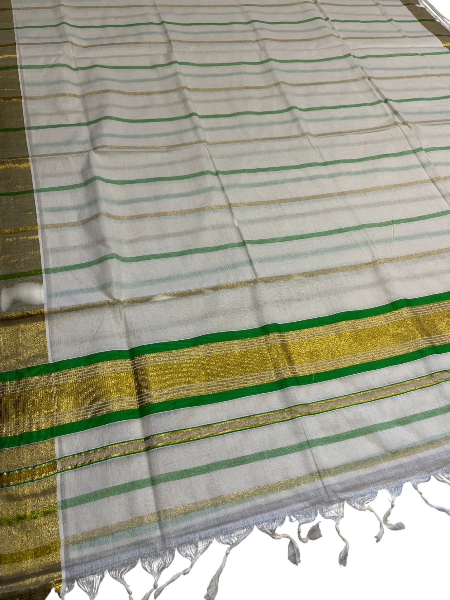 Southloom Kerala Cotton Kasavu Saree with Gold And Green Lines on Body