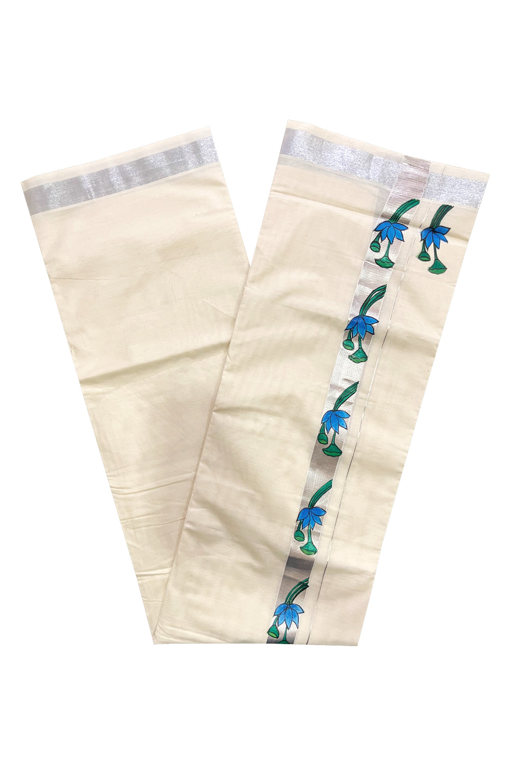 Pure Cotton Kerala Double Mundu with Silver Kasavu Hand Painted Design Border (South Indian Kerala Dhoti)