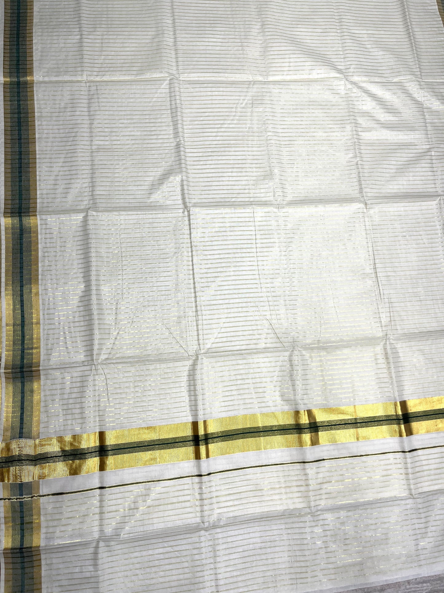 Southloom Pure Cotton Kerala Kasavu Lines Design Saree with Dark Green Border