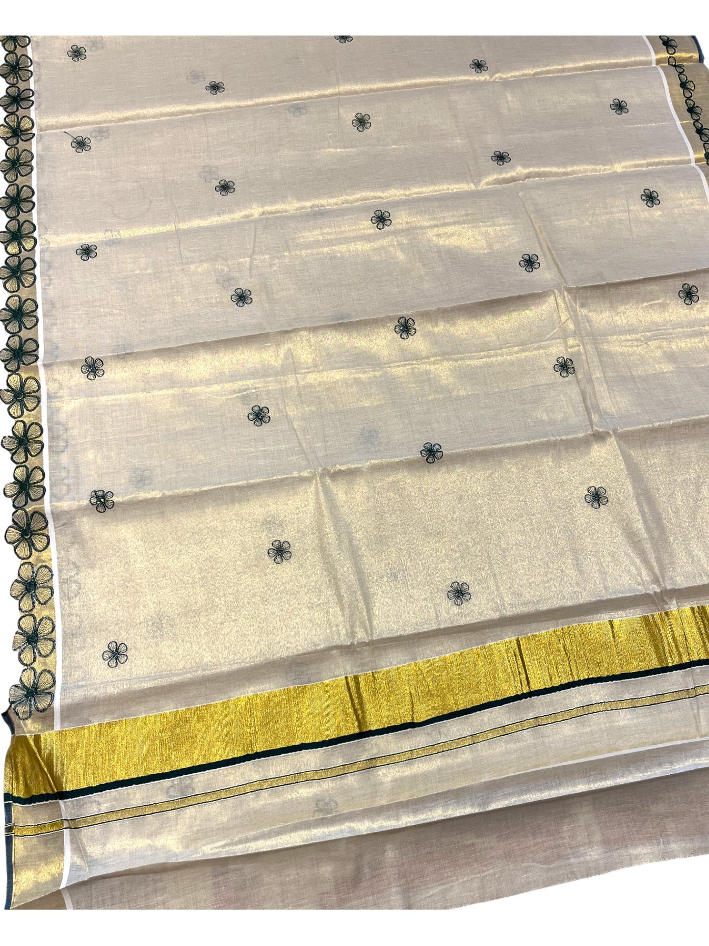 Southloom Kerala Tissue Kasavu Saree with Green Floral Embroidery on Body and Border