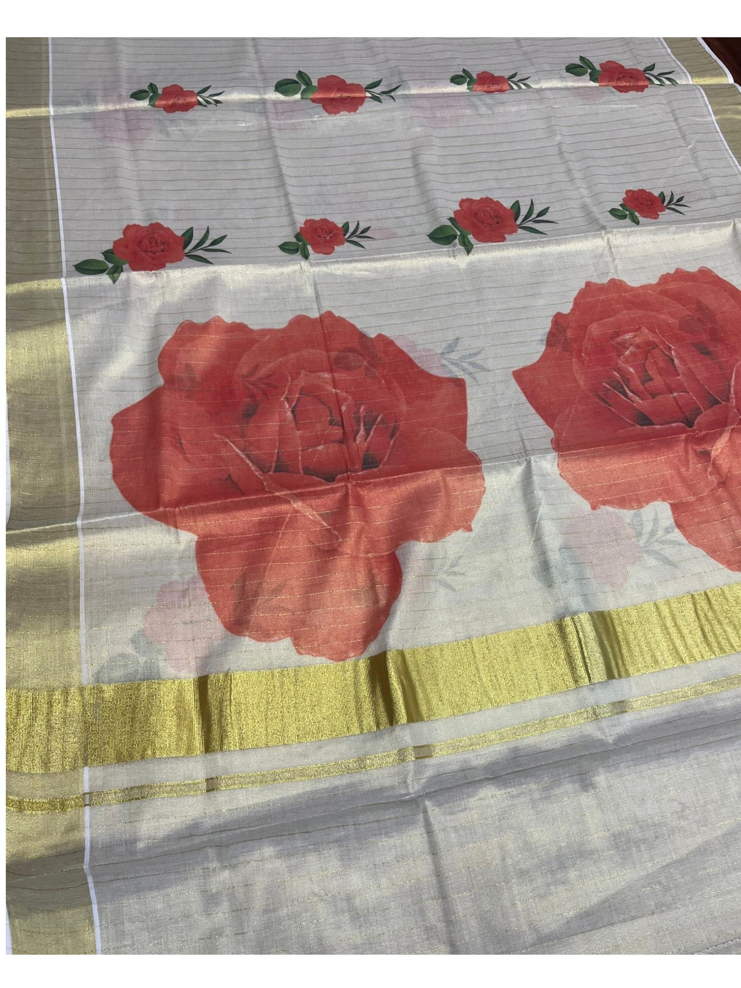 Southloom Tissue  Kerala Kasavu Saree with Floral Digital Printed